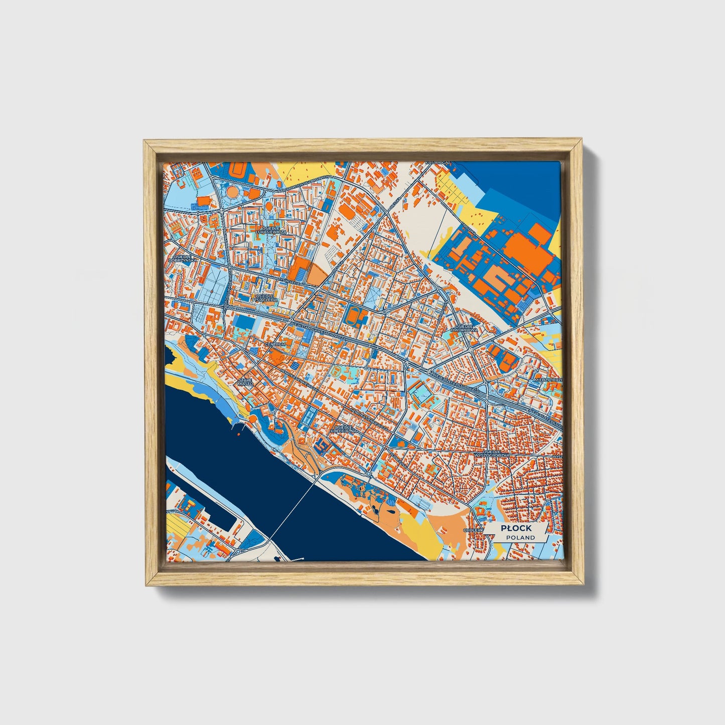 Płock Poland Colorful City Map Canvas Print • Natural Wooden Framed