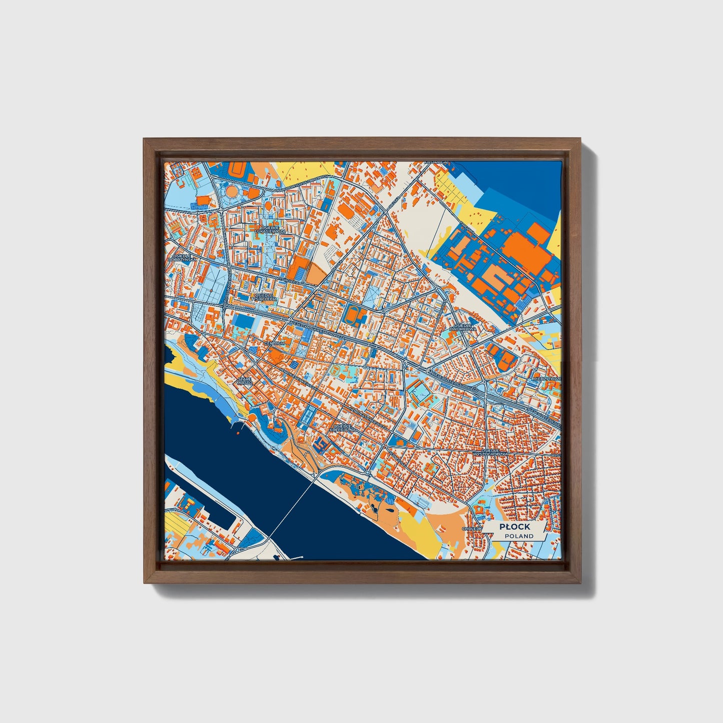 Płock Poland Colorful City Map Canvas Print • Dark Wooden Framed