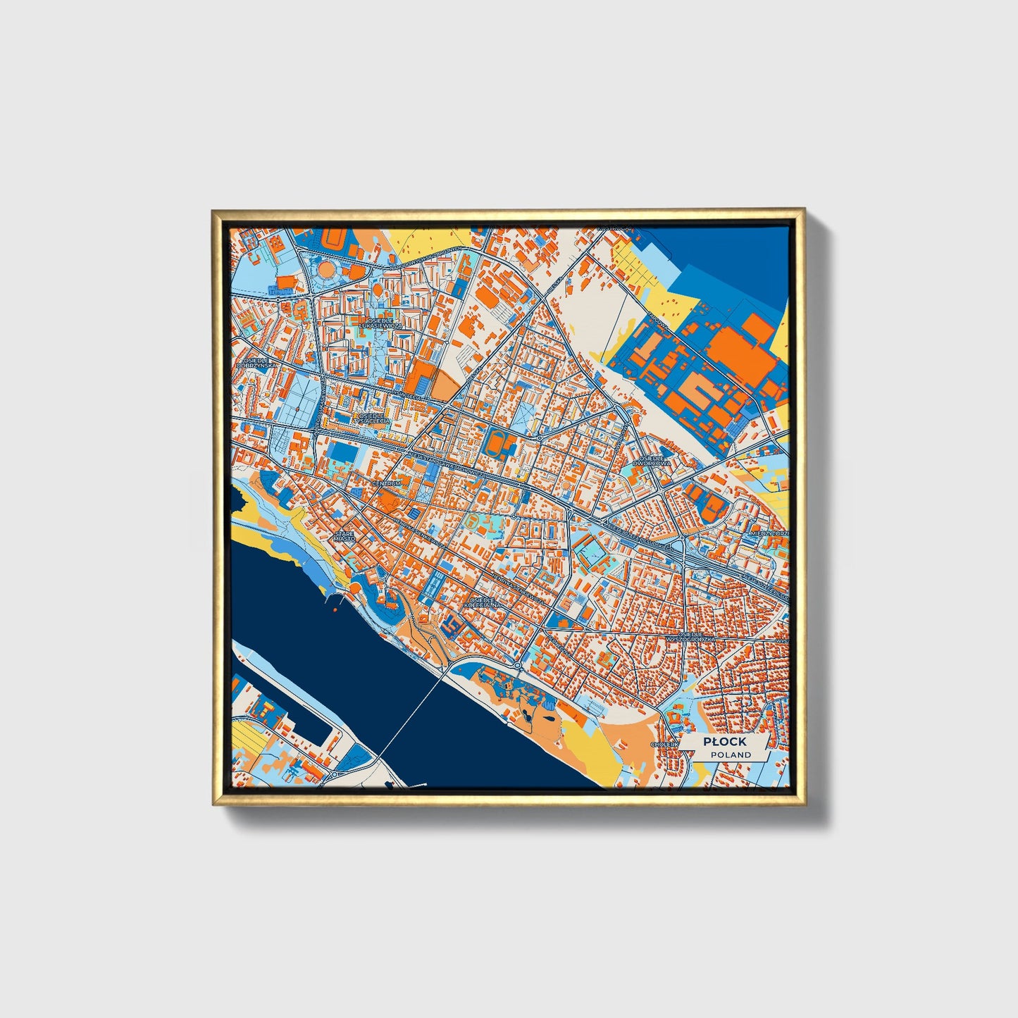 Płock Poland Colorful City Map Canvas Print • Gold Framed