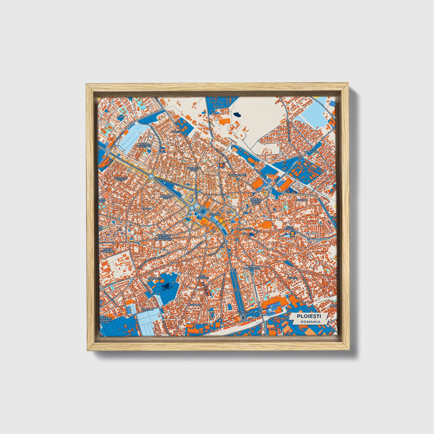 Ploiești Romania Colorful City Map Canvas Print • Natural Wooden Framed