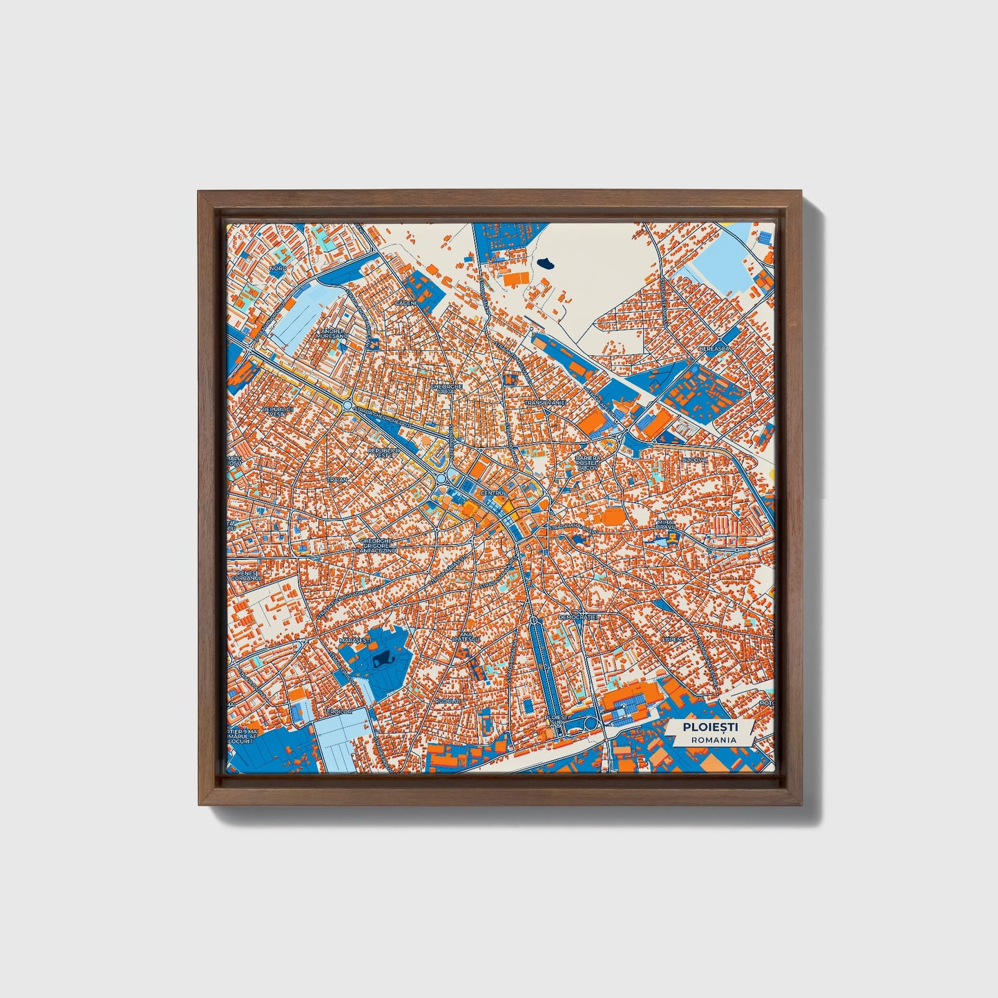 Ploiești Romania Colorful City Map Canvas Print • Dark Wooden Framed
