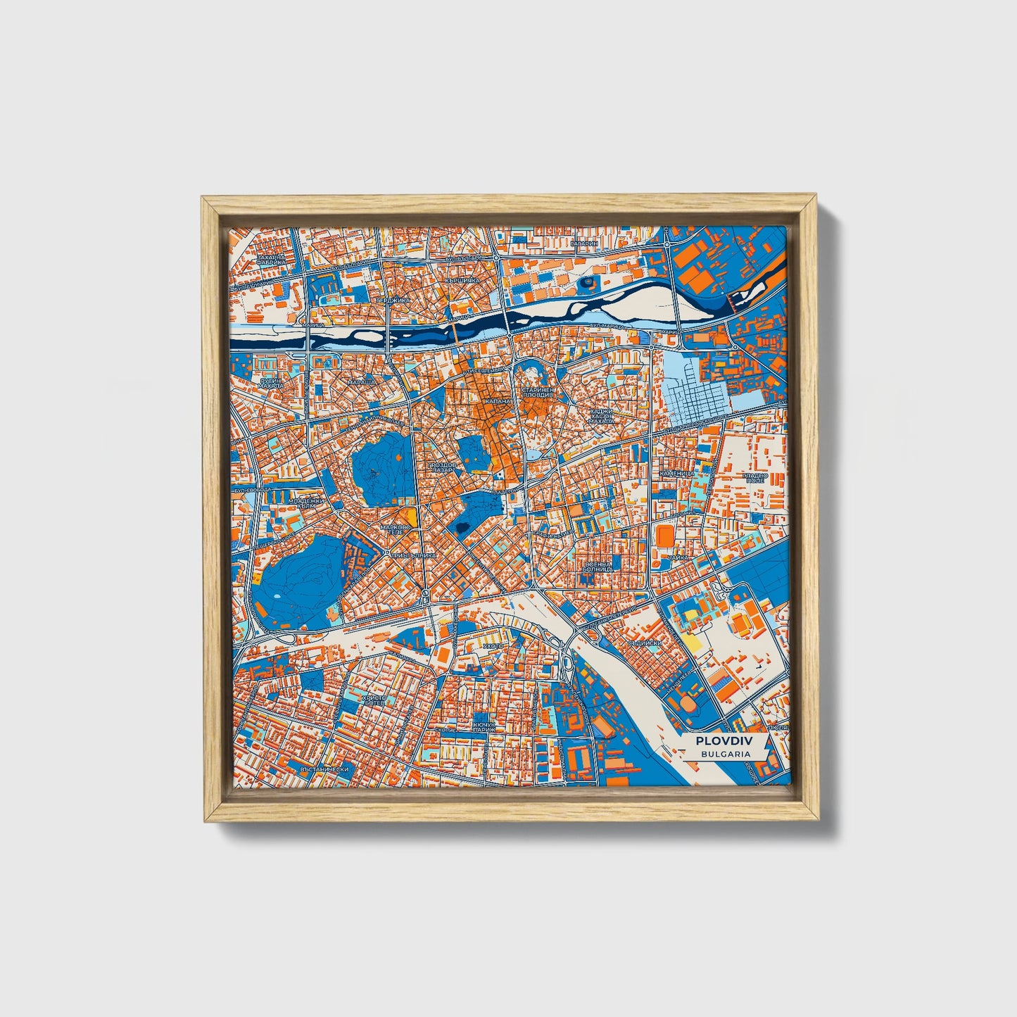 Пловдив Bulgaria Colorful City Map Canvas Print • Natural Wooden Framed