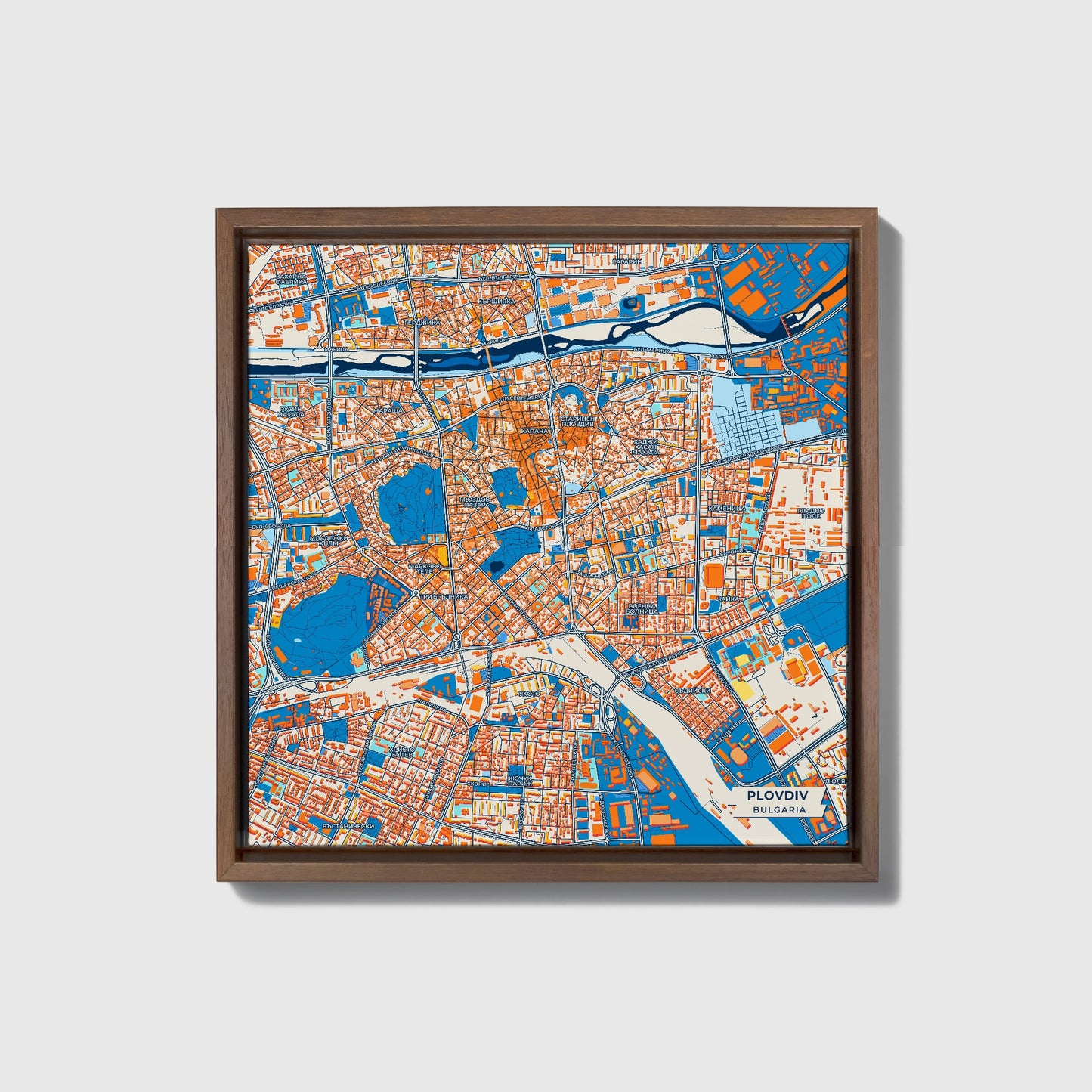 Пловдив Bulgaria Colorful City Map Canvas Print • Dark Wooden Framed