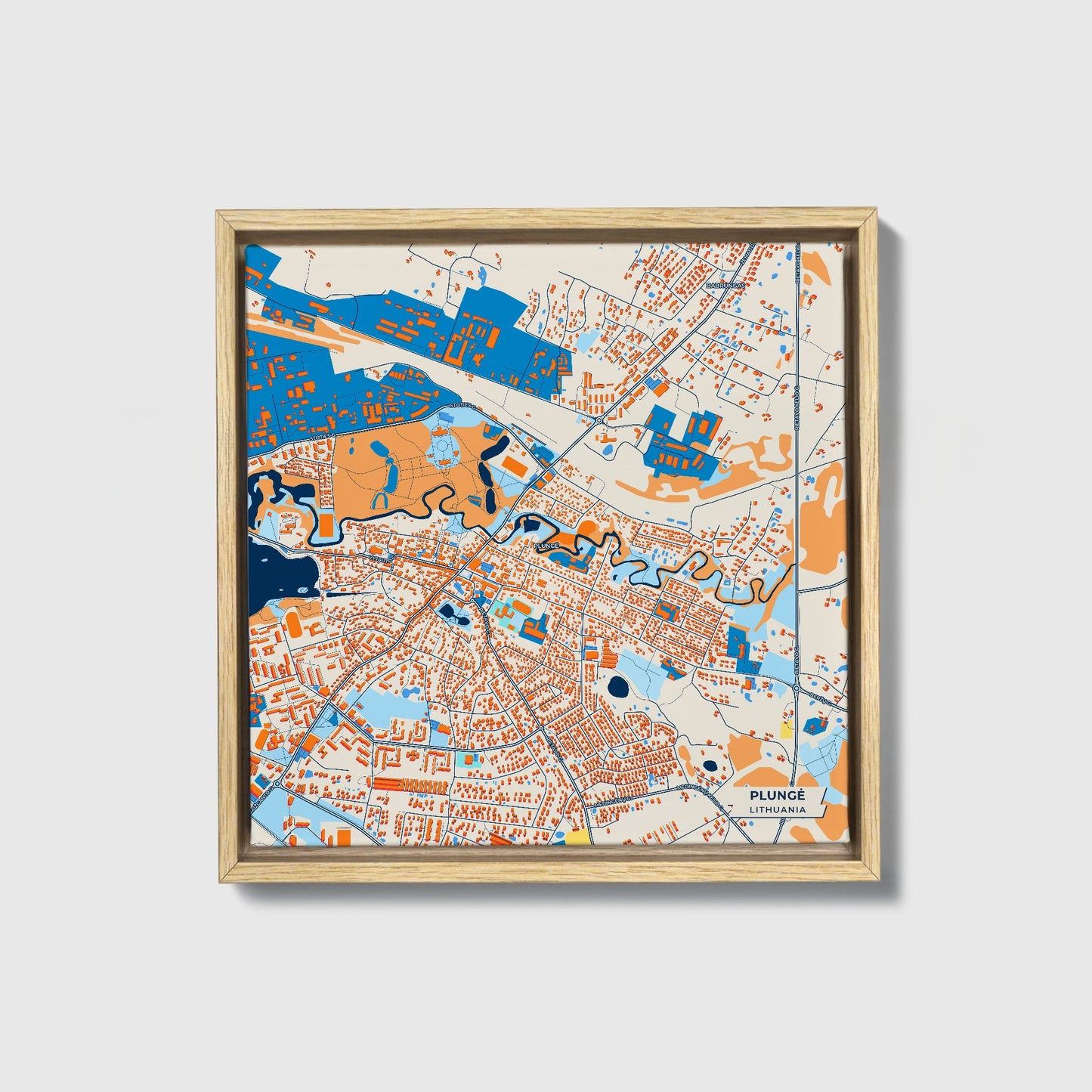 Plungė Lithuania Colorful City Map Canvas Print • Natural Wooden Framed