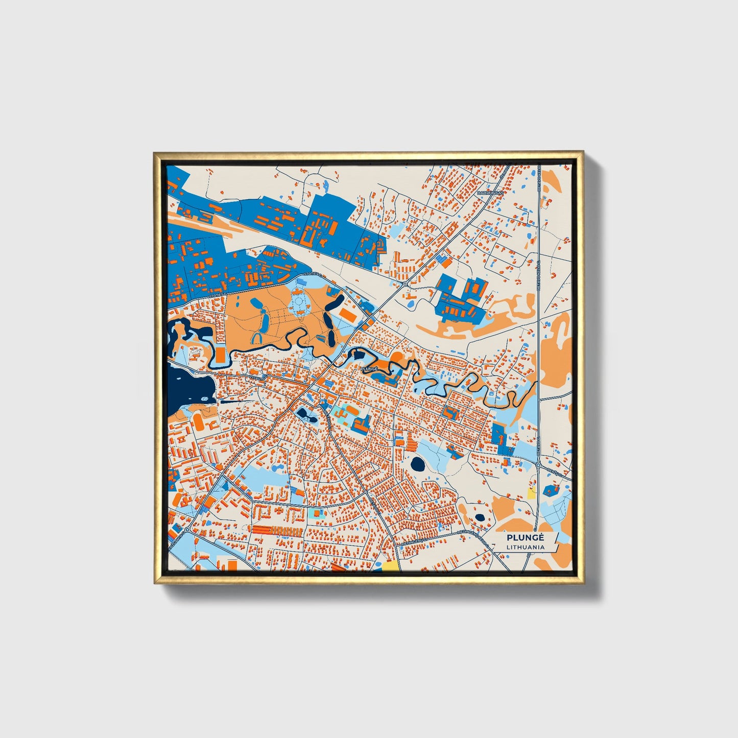Plungė Lithuania Colorful City Map Canvas Print • Gold Framed