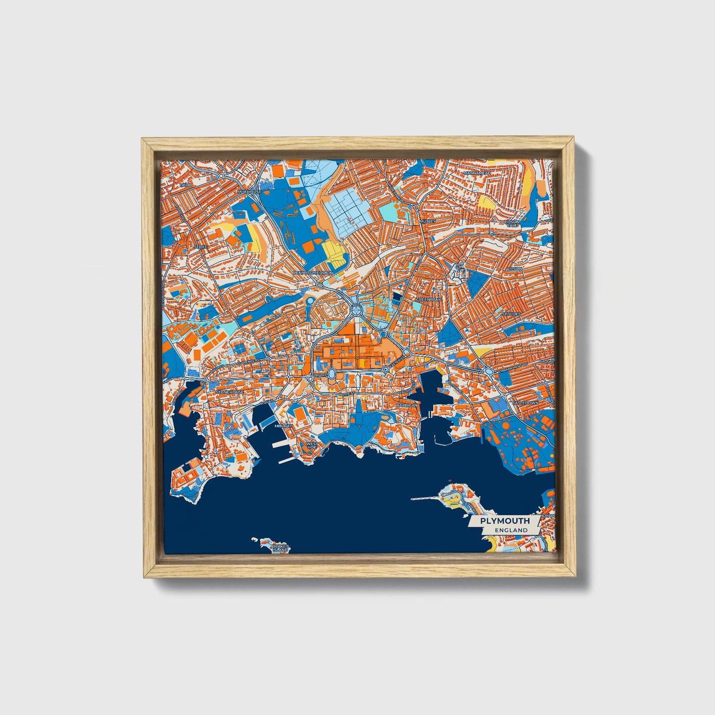 Plymouth England Colorful City Map Canvas Print • Natural Wooden Framed