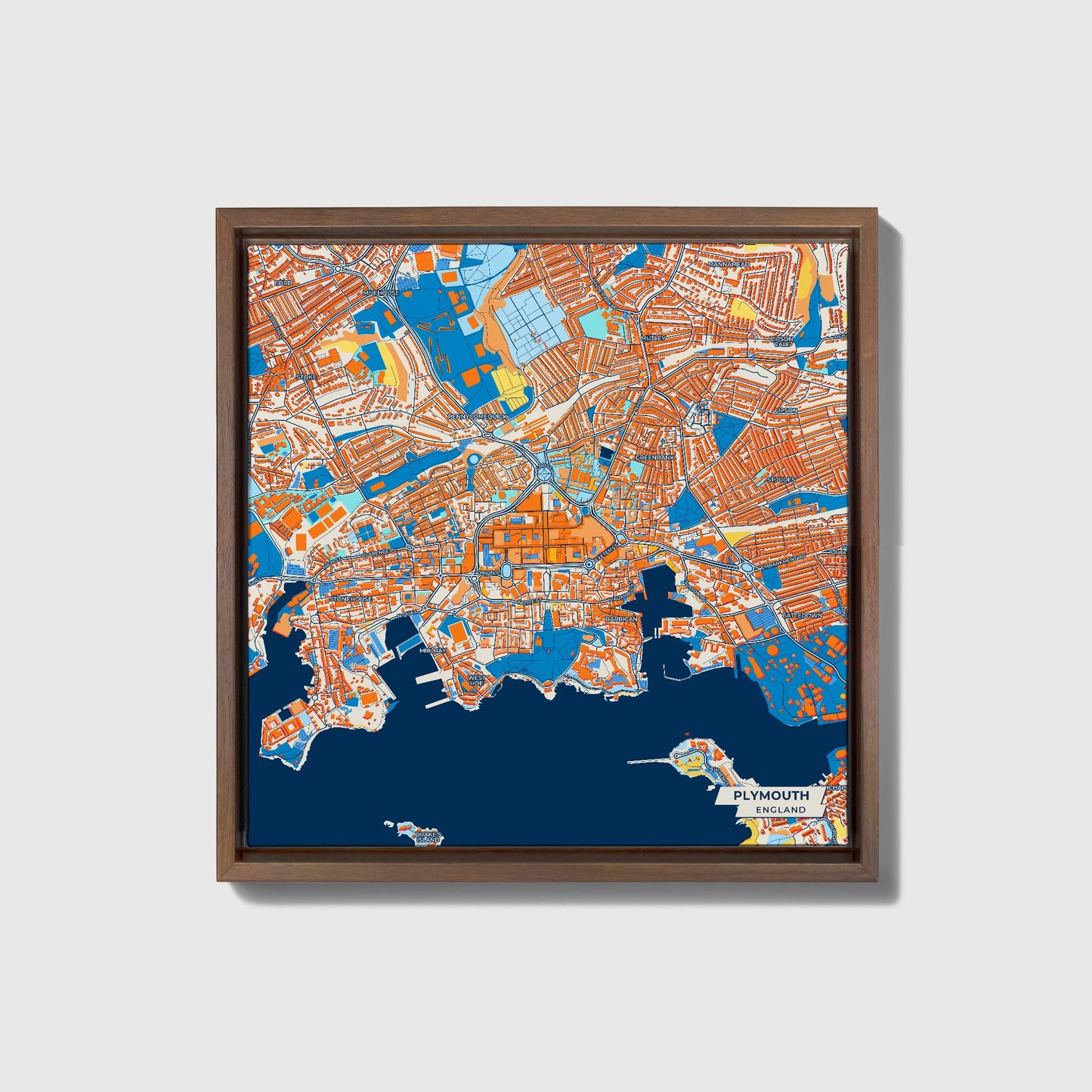 Plymouth England Colorful City Map Canvas Print • Dark Wooden Framed