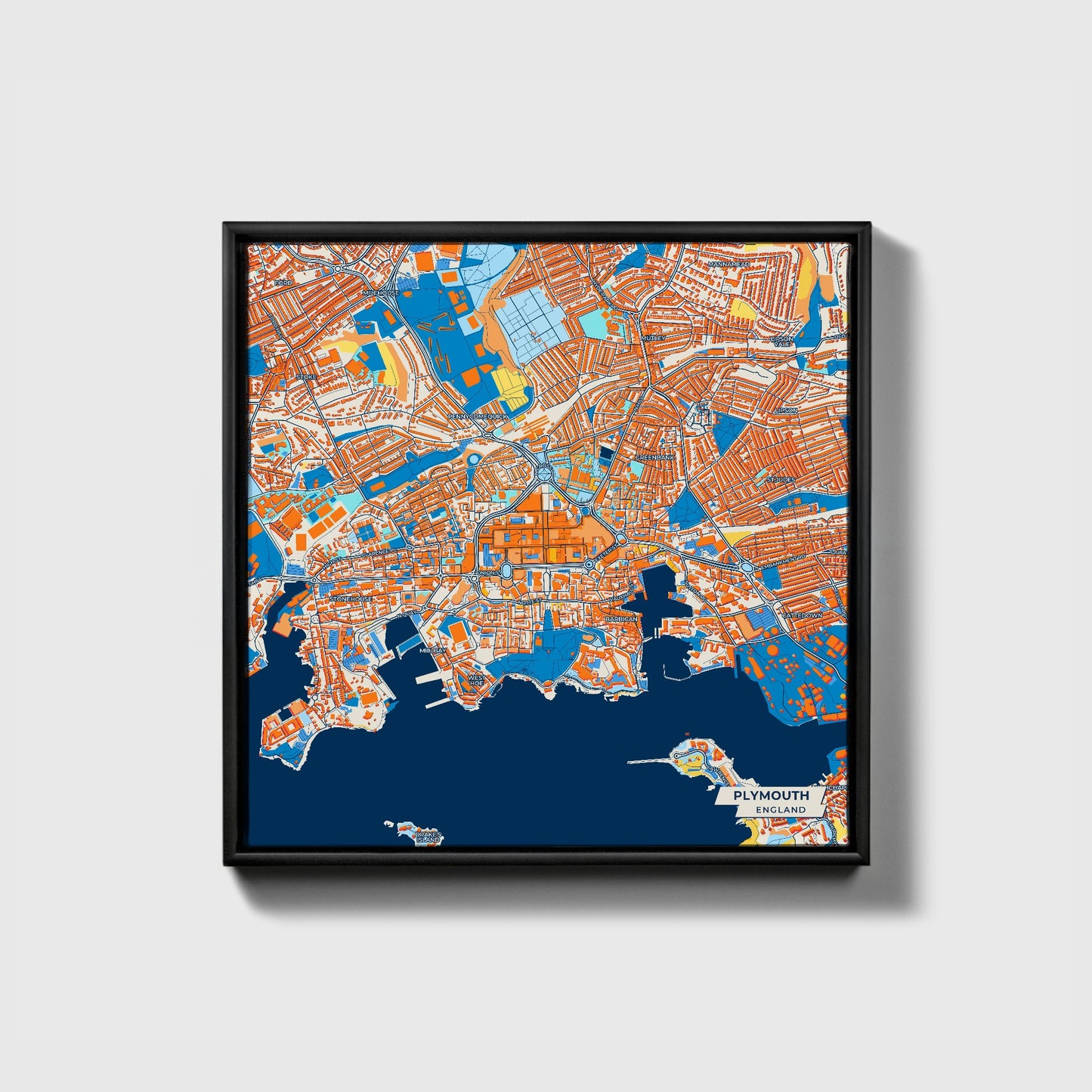 Plymouth England Colorful City Map Canvas Print • Black Framed