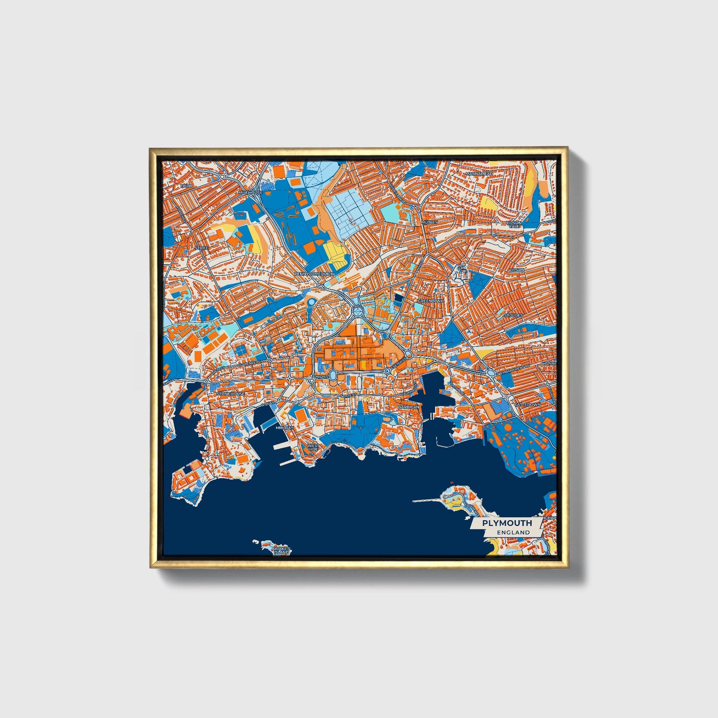 Plymouth England Colorful City Map Canvas Print • Gold Framed