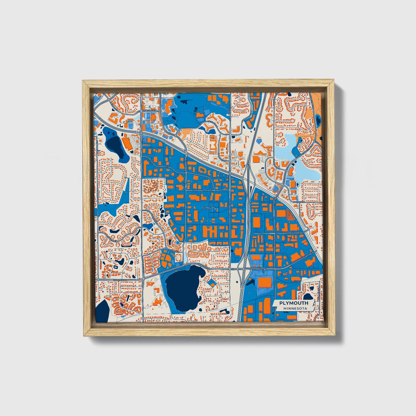 Plymouth Minnesota Colorful City Map Canvas Print • Natural Wooden Framed