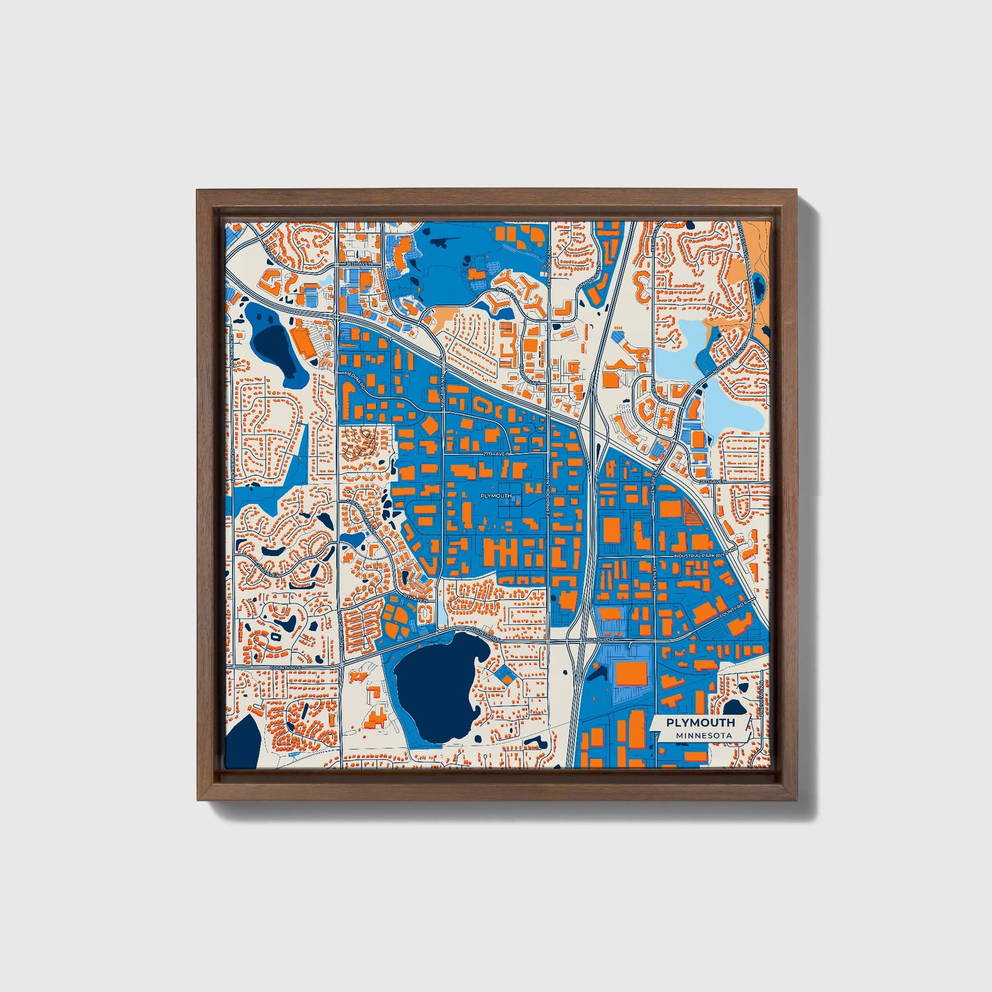 Plymouth Minnesota Colorful City Map Canvas Print • Dark Wooden Framed