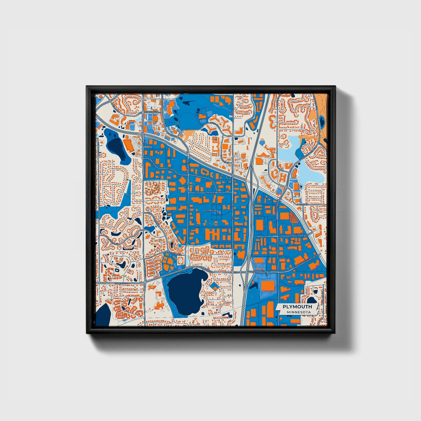 Plymouth Minnesota Colorful City Map Canvas Print • Black Framed