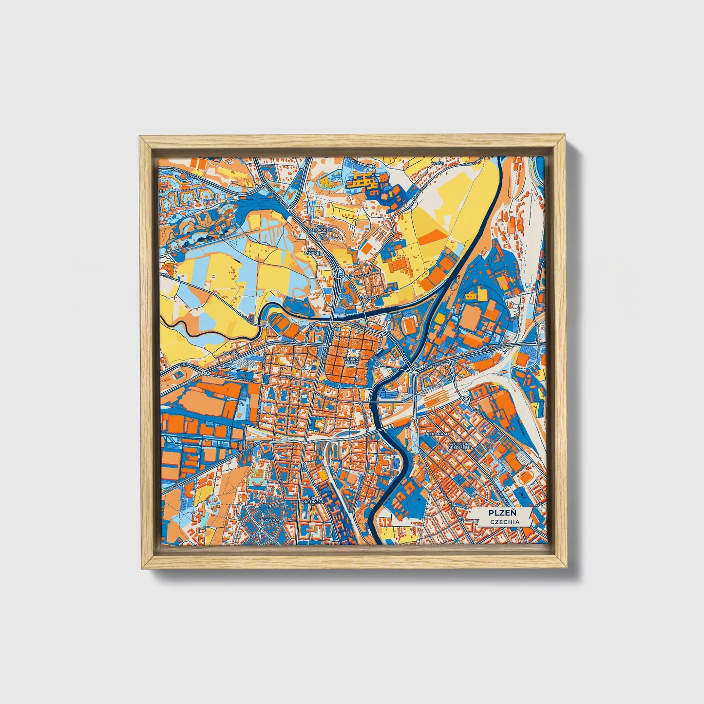 Plzeň Czechia Colorful City Map Canvas Print • Natural Wooden Framed