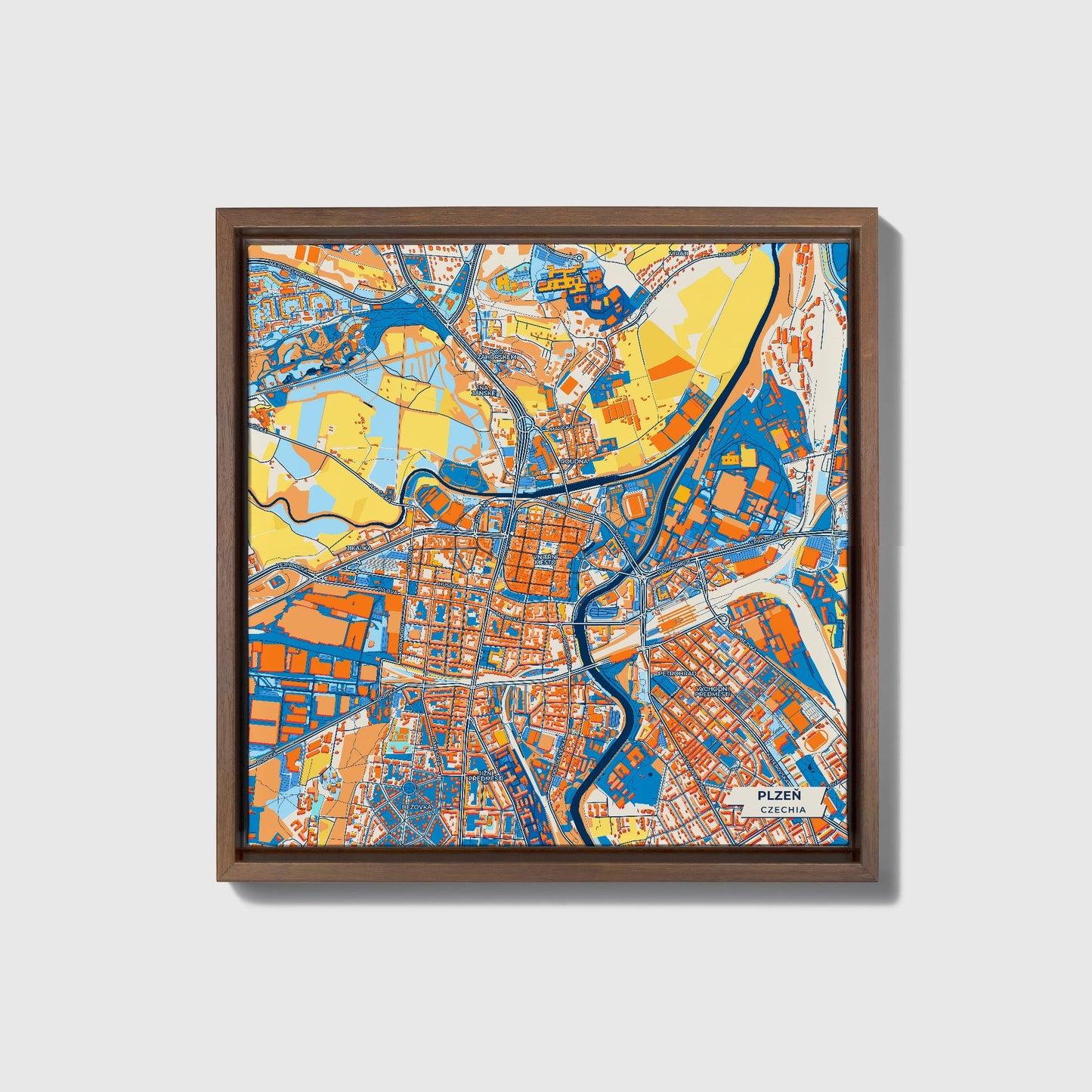 Plzeň Czechia Colorful City Map Canvas Print • Dark Wooden Framed