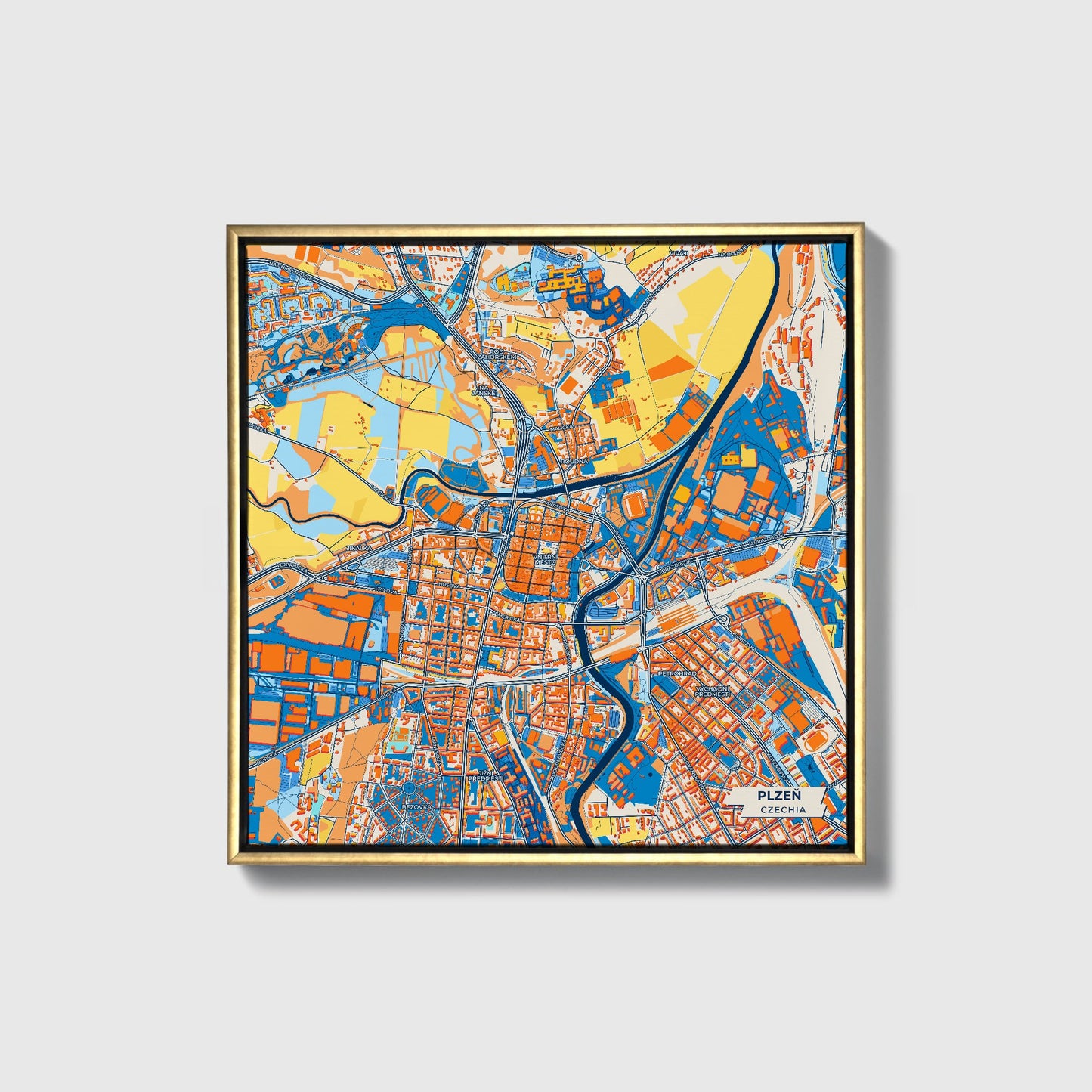 Plzeň Czechia Colorful City Map Canvas Print • Gold Framed