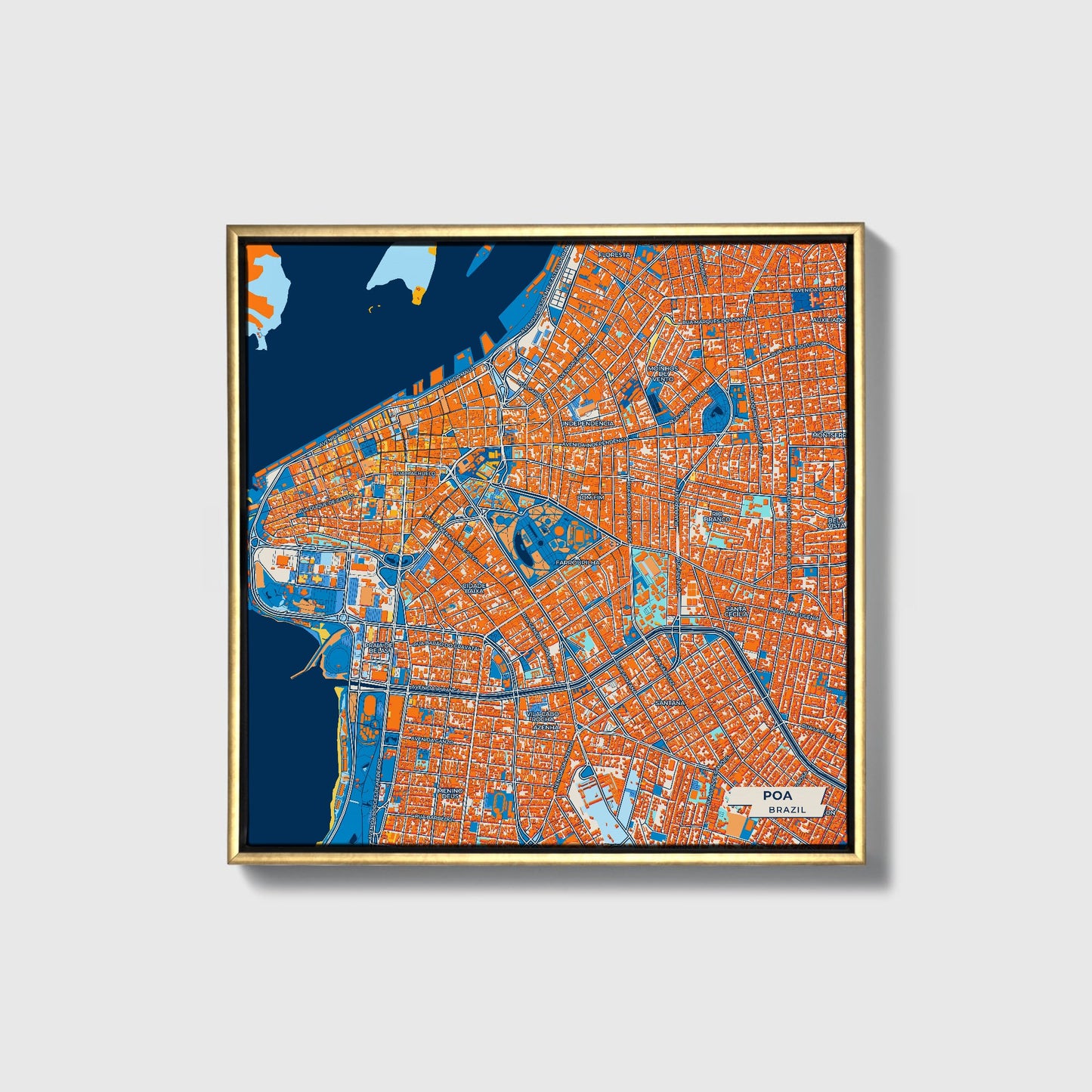 Poa Brazil Colorful City Map Canvas Print • Gold Framed