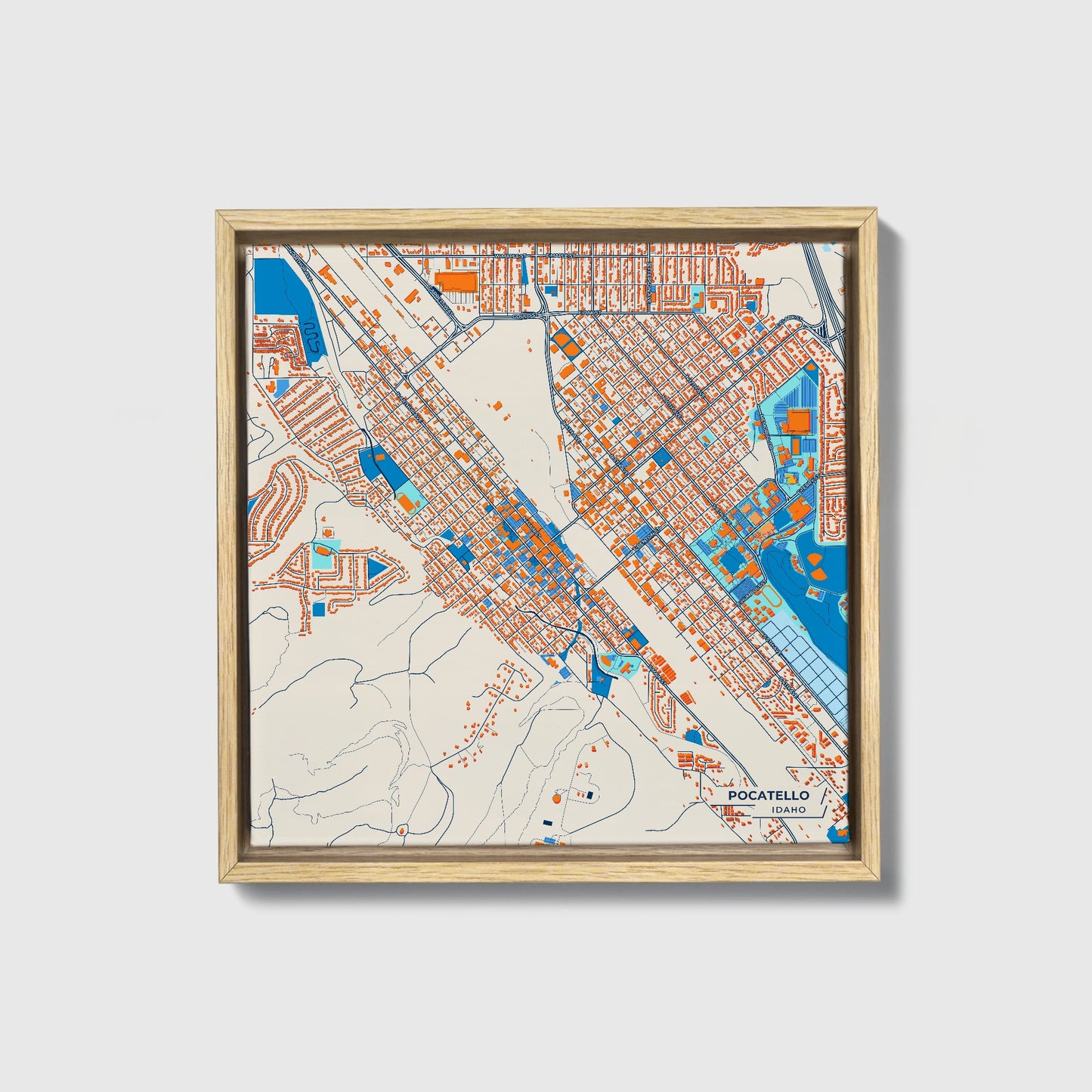 Pocatello Idaho Colorful City Map Canvas Print • Natural Wooden Framed