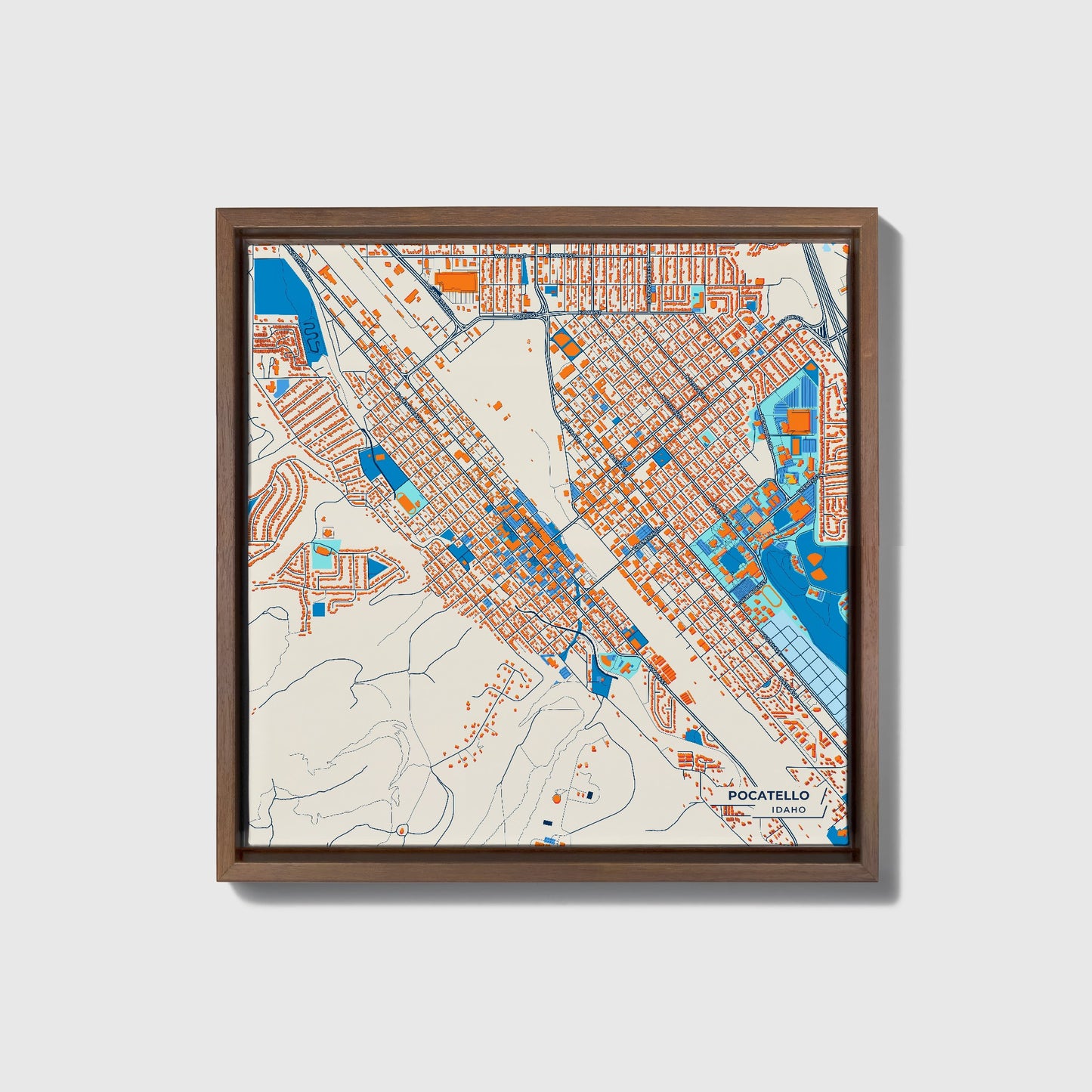 Pocatello Idaho Colorful City Map Canvas Print • Dark Wooden Framed