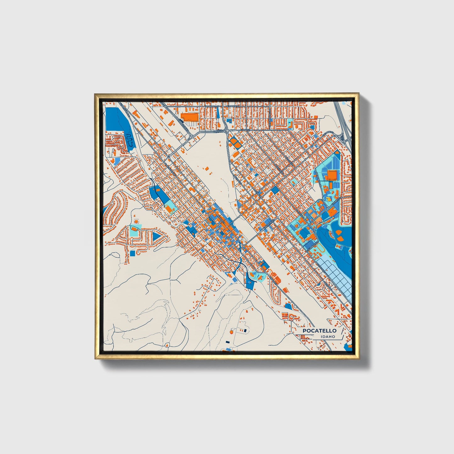Pocatello Idaho Colorful City Map Canvas Print • Gold Framed