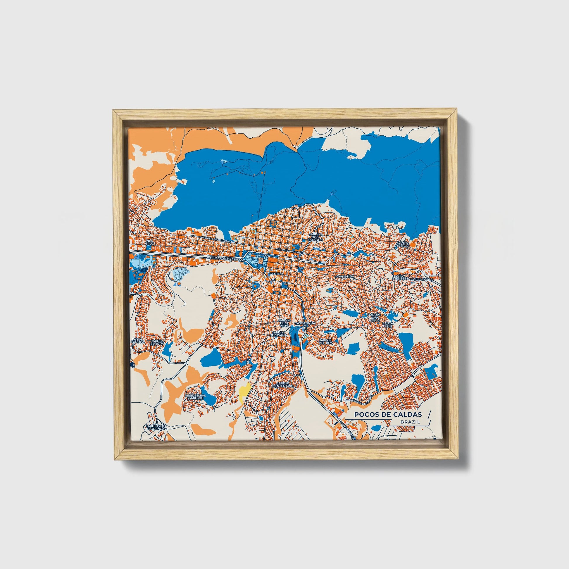 Pocos De Caldas Brazil Colorful City Map Canvas Print • Natural Wooden Framed