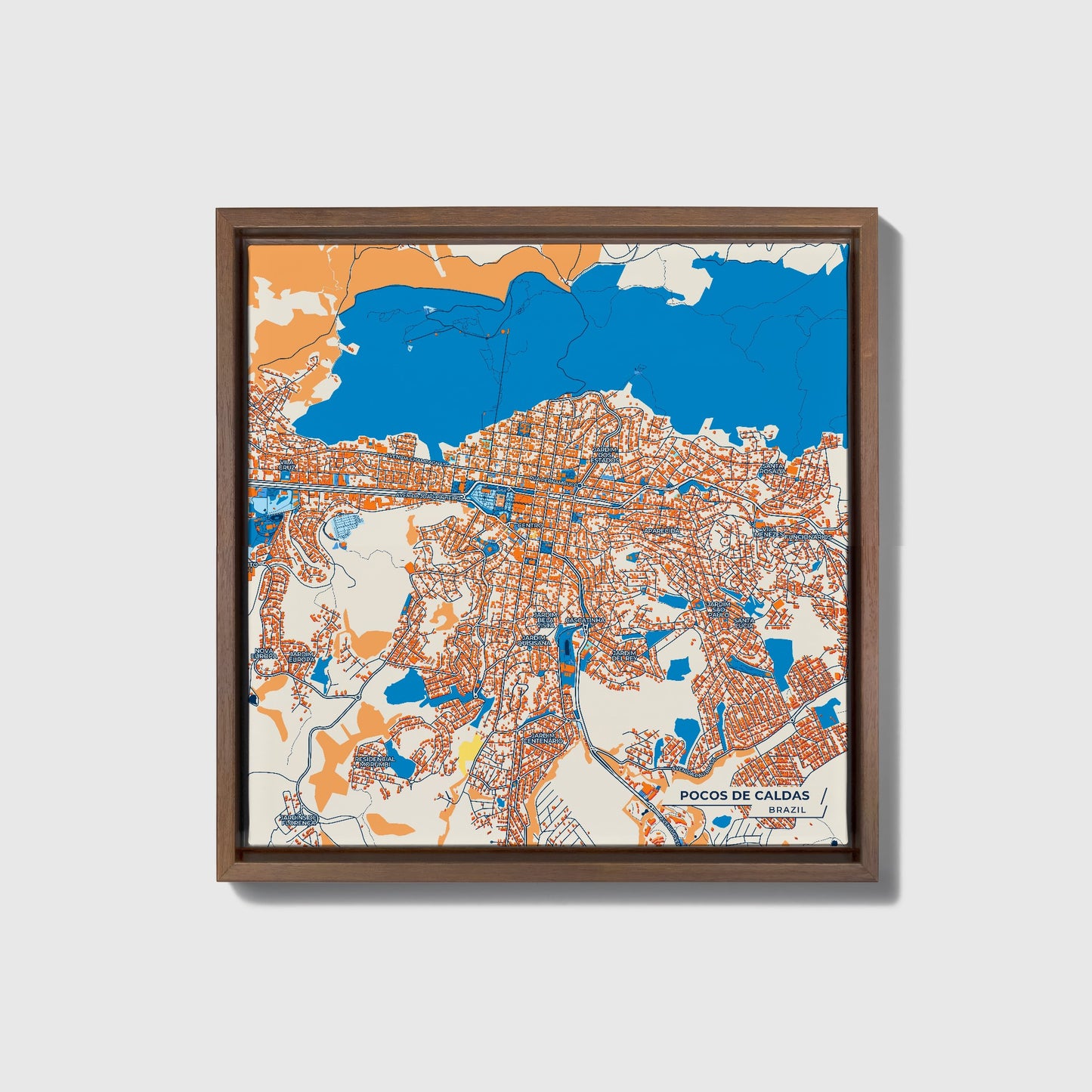 Pocos De Caldas Brazil Colorful City Map Canvas Print • Dark Wooden Framed