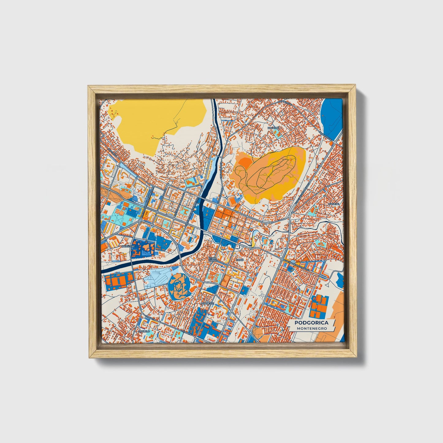Podgorica Montenegro Colorful City Map Canvas Print • Natural Wooden Framed