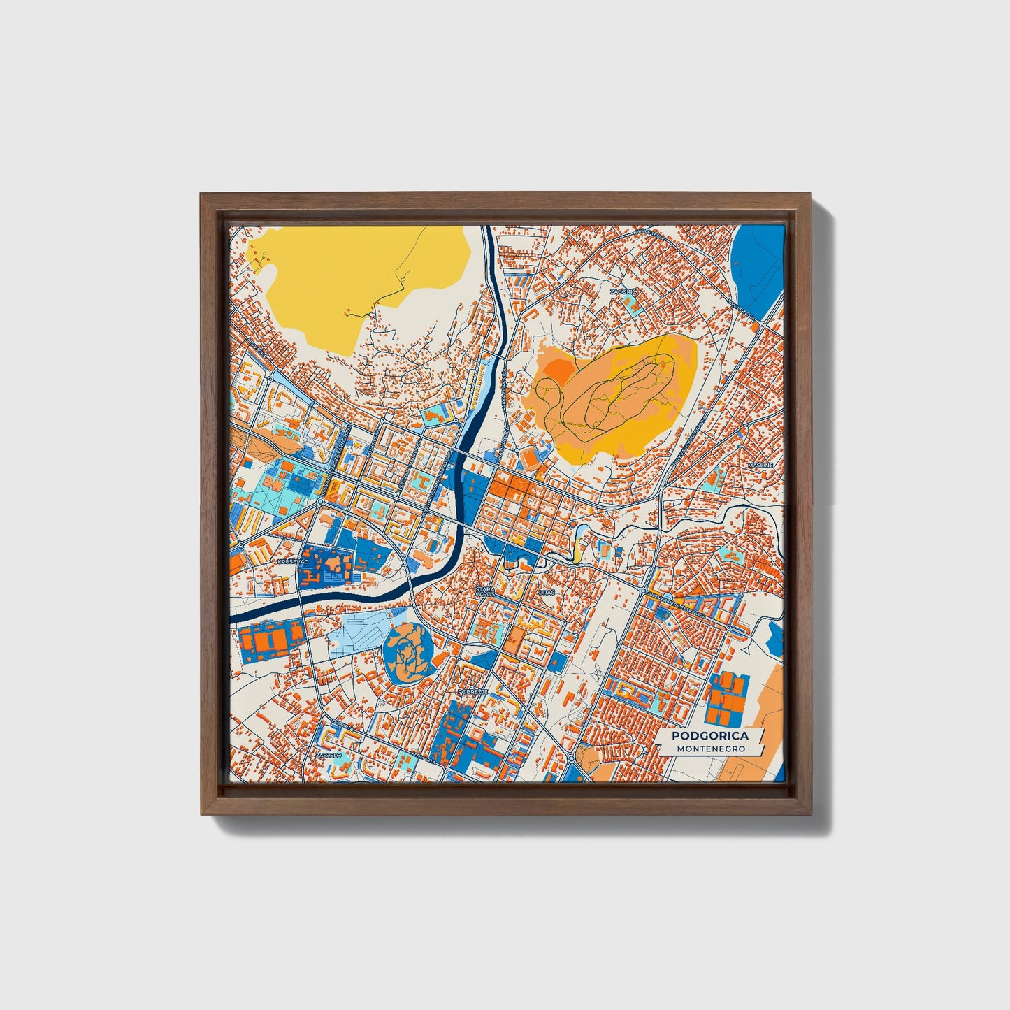 Podgorica Montenegro Colorful City Map Canvas Print • Dark Wooden Framed