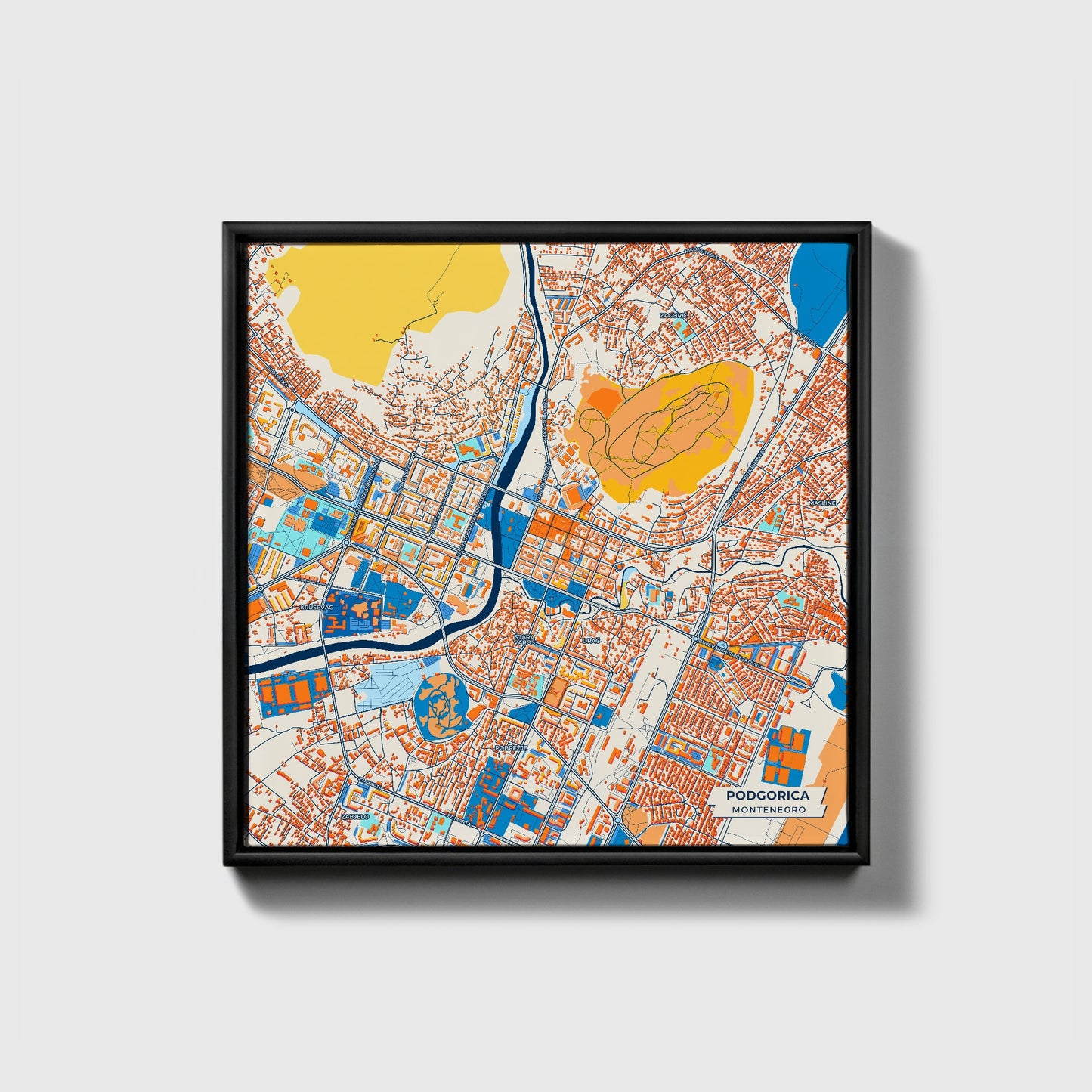 Podgorica Montenegro Colorful City Map Canvas Print • Black Framed