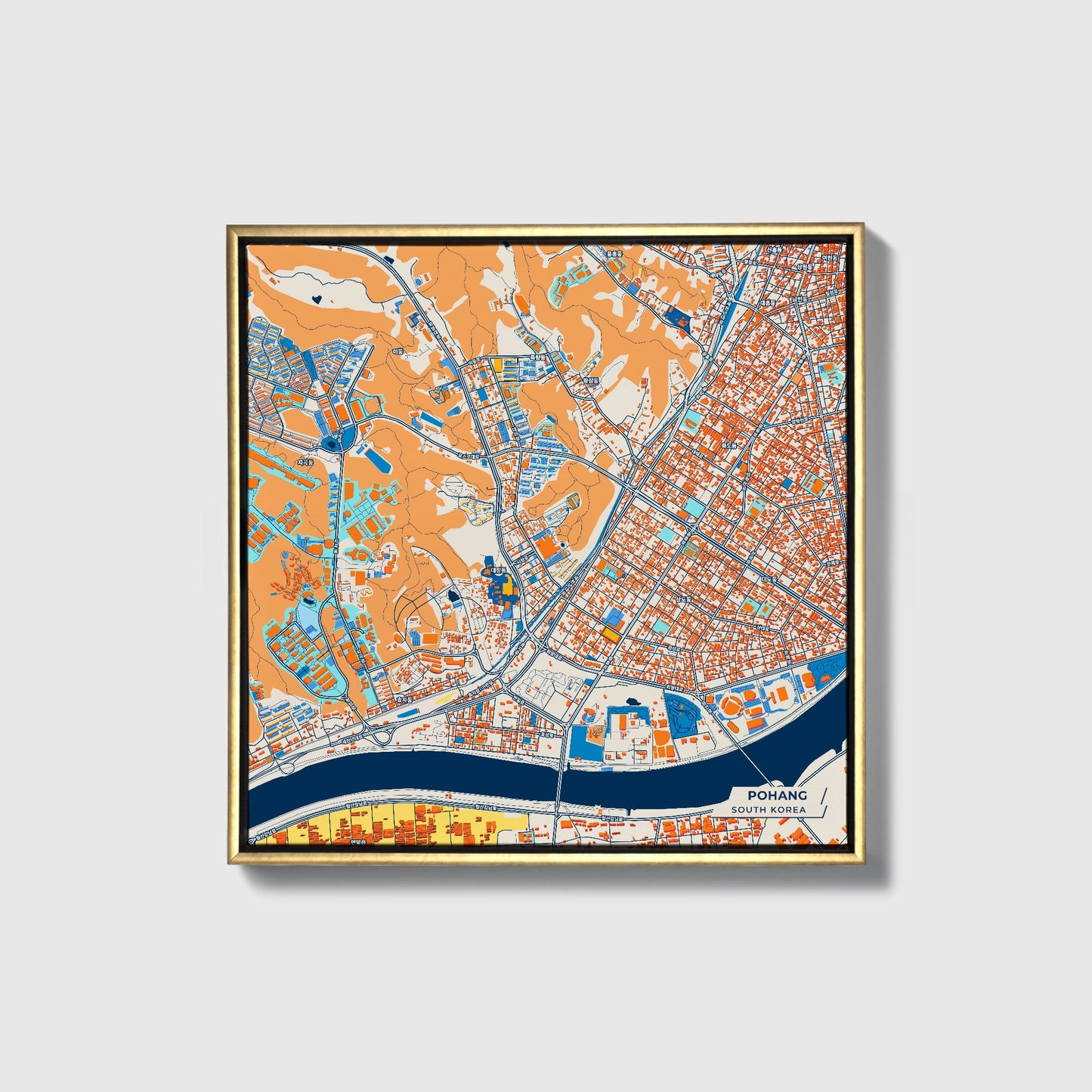 Pohang South Korea Colorful City Map Canvas Print • Gold Framed