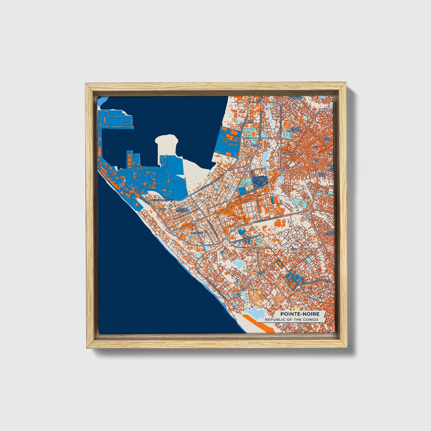 Pointe-Noire Republic Of The Congo Colorful City Map Canvas Print • Natural Wooden Framed
