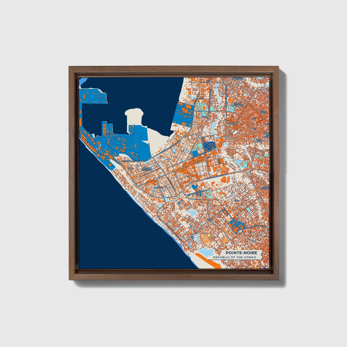 Pointe-Noire Republic Of The Congo Colorful City Map Canvas Print • Dark Wooden Framed