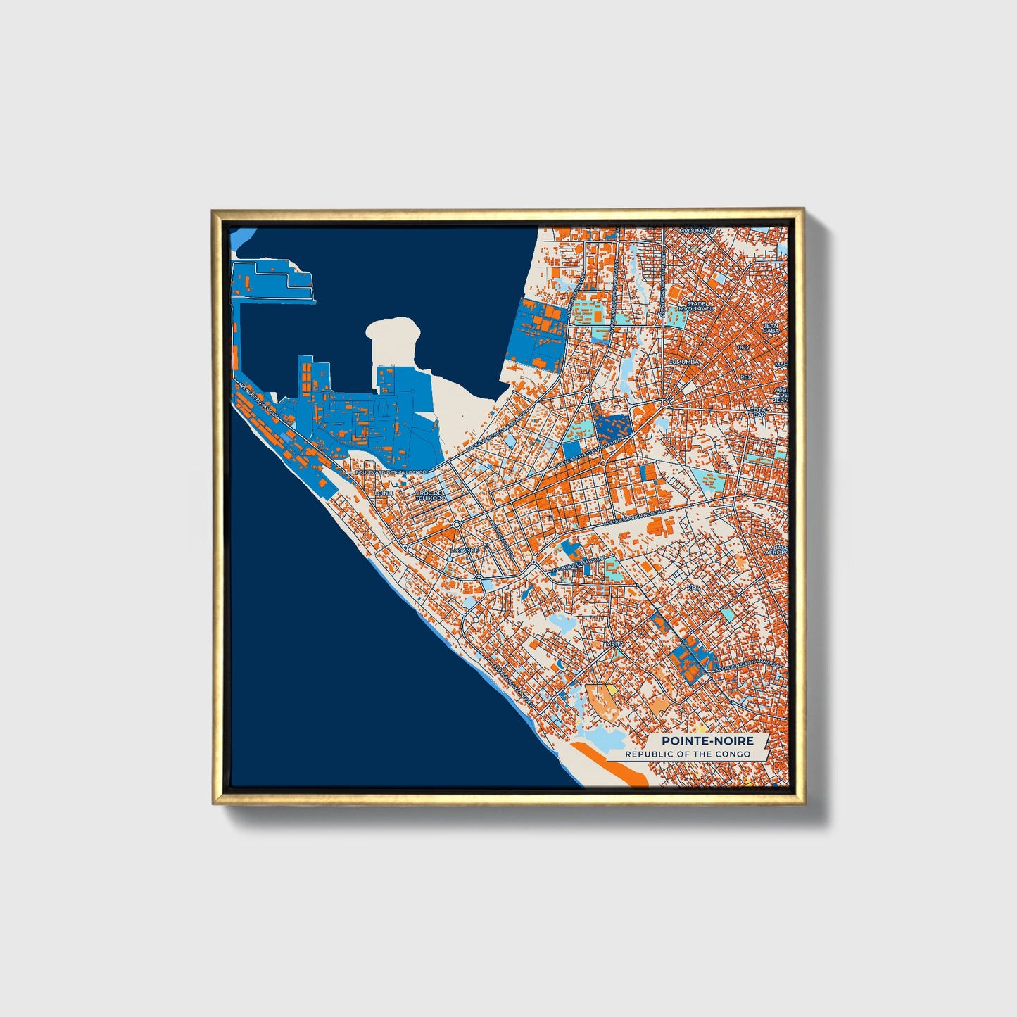 Pointe-Noire Republic Of The Congo Colorful City Map Canvas Print • Gold Framed