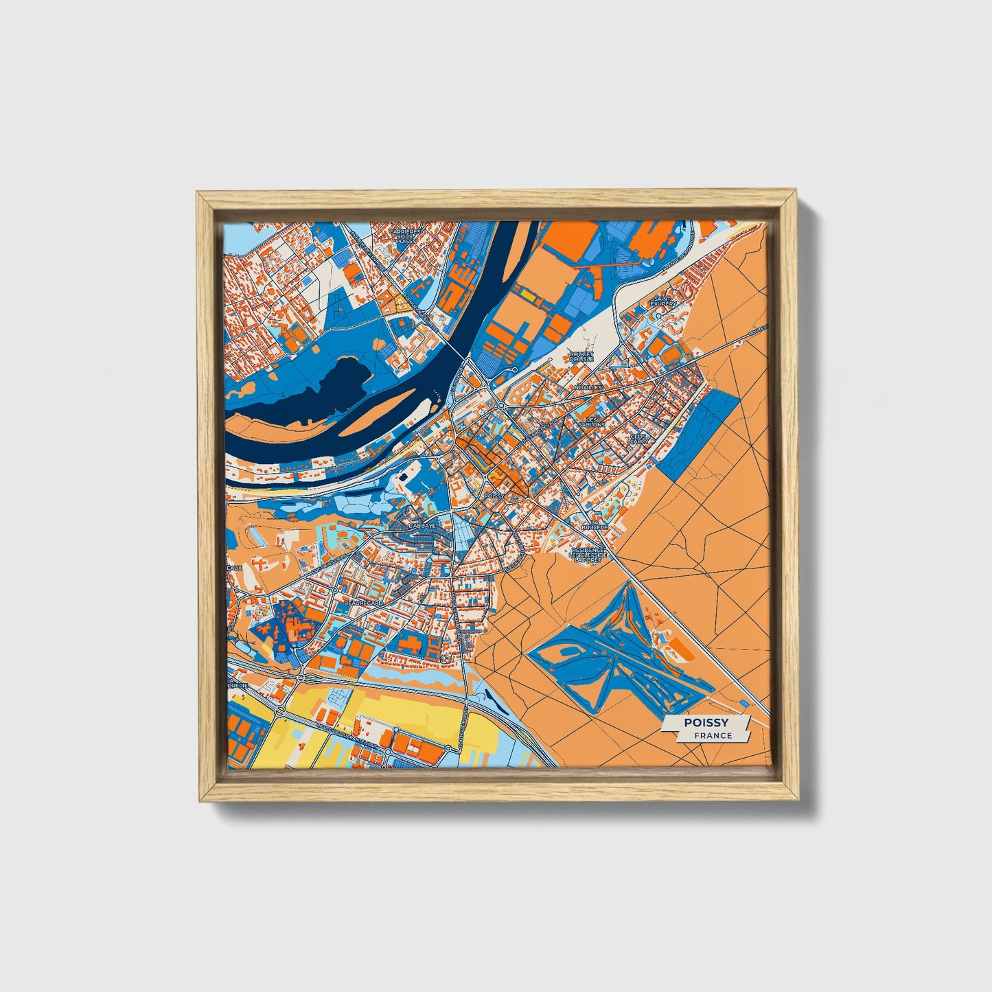 Poissy France Colorful City Map Canvas Print • Natural Wooden Framed
