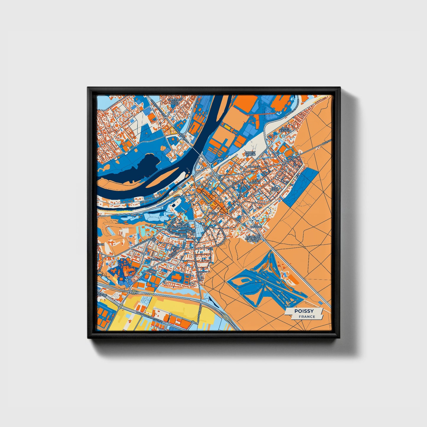 Poissy France Colorful City Map Canvas Print • Black Framed