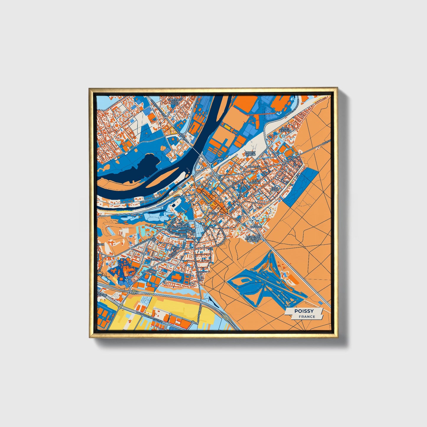 Poissy France Colorful City Map Canvas Print • Gold Framed