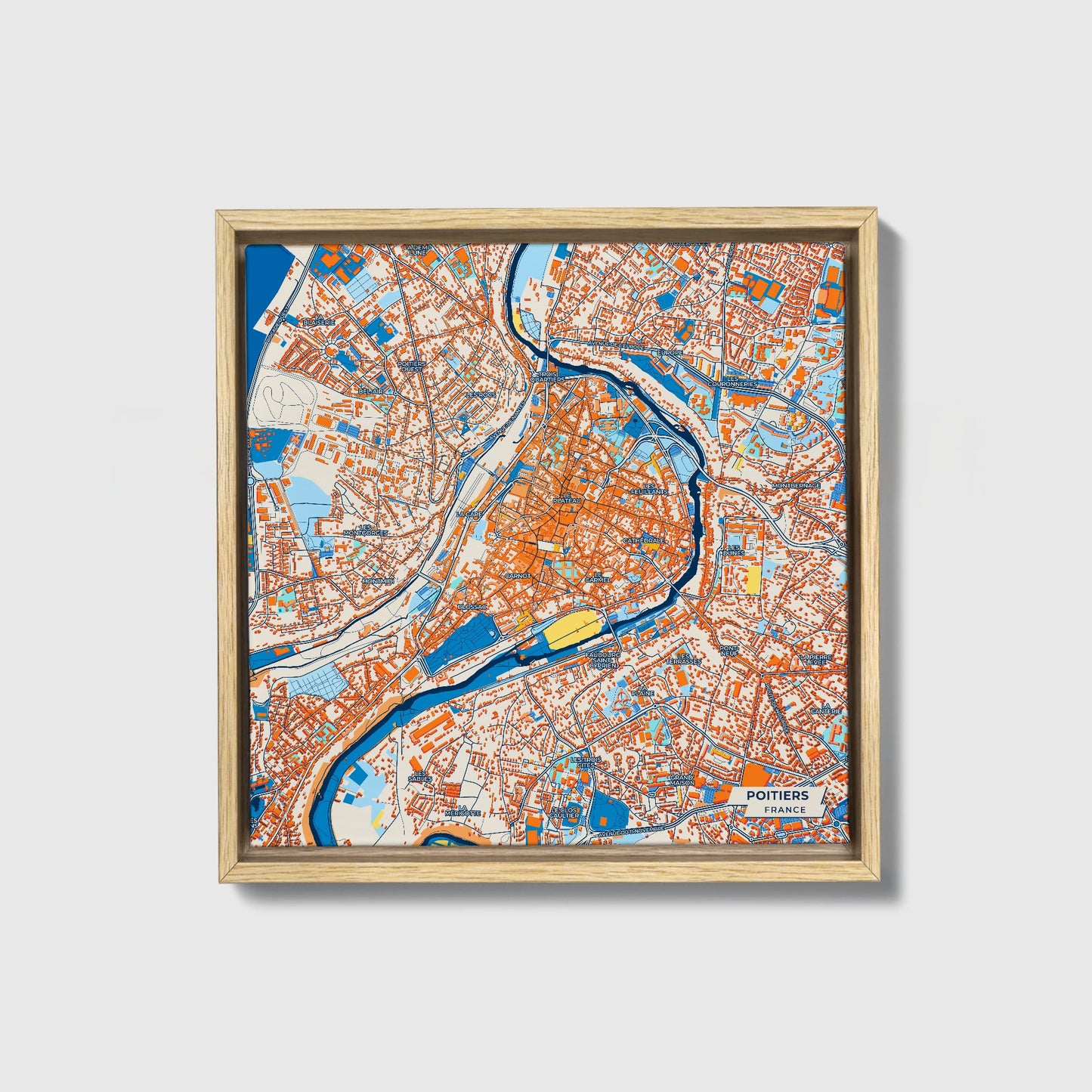 Poitiers France Colorful City Map Canvas Print • Natural Wooden Framed