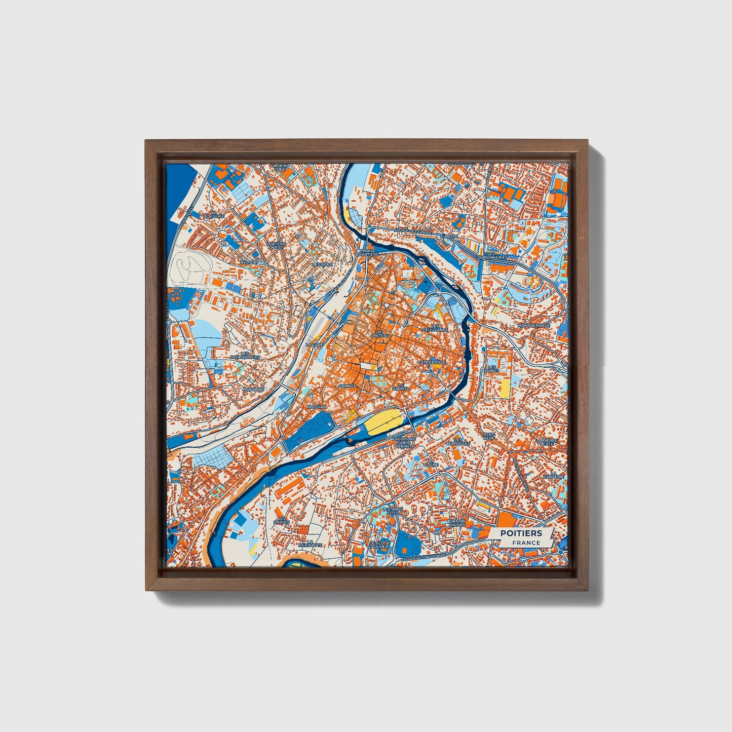 Poitiers France Colorful City Map Canvas Print • Dark Wooden Framed