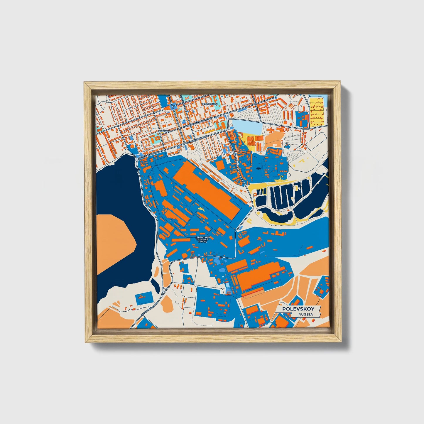 Полевской Russia Colorful City Map Canvas Print • Natural Wooden Framed