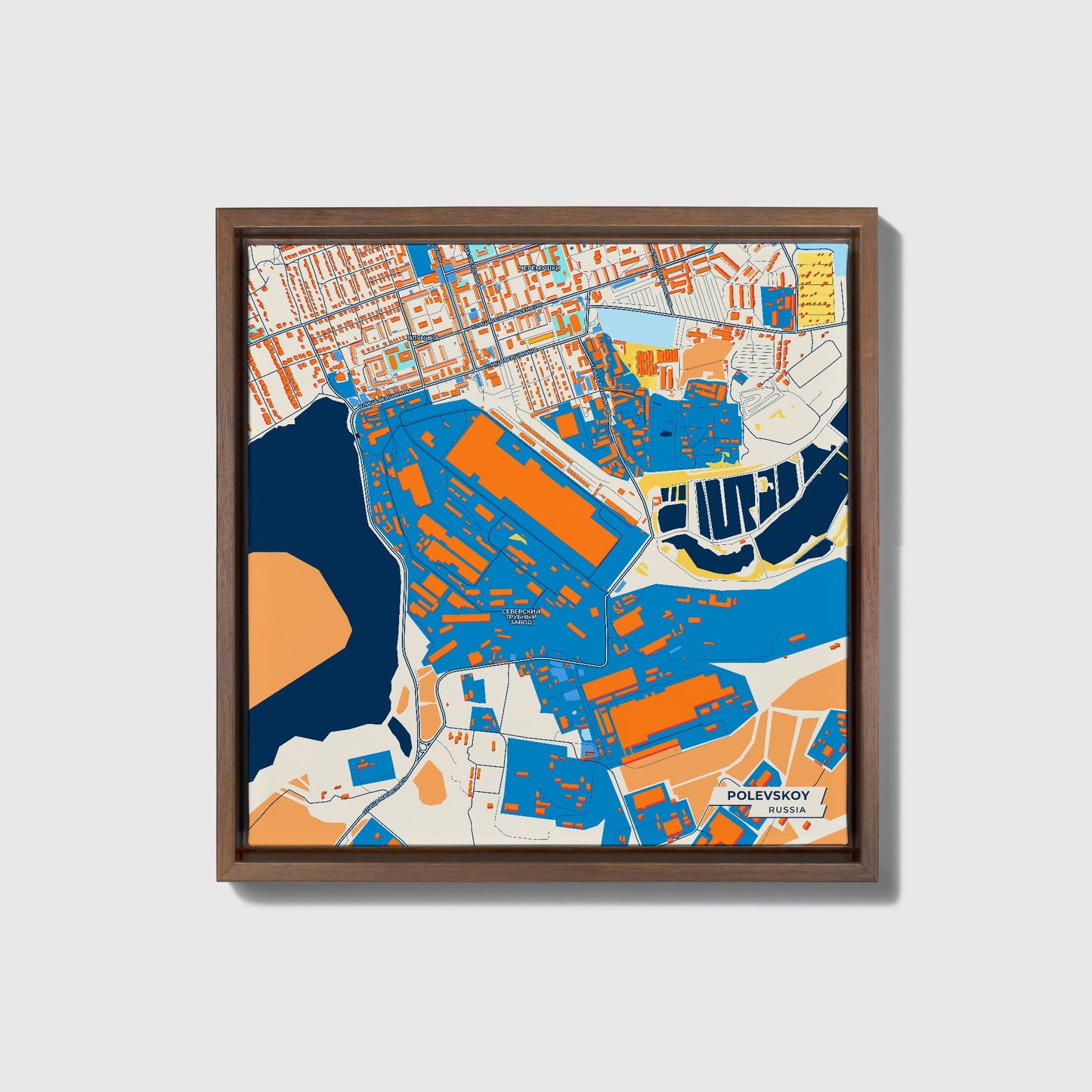Полевской Russia Colorful City Map Canvas Print • Dark Wooden Framed