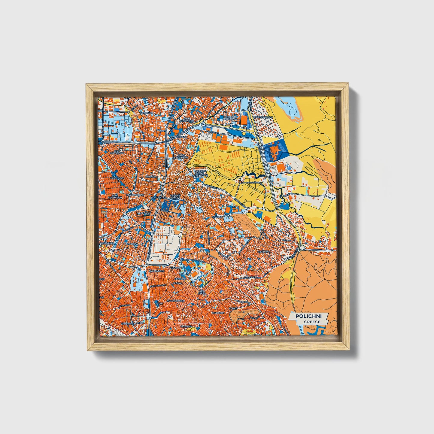 Polichni Greece Colorful City Map Canvas Print • Natural Wooden Framed