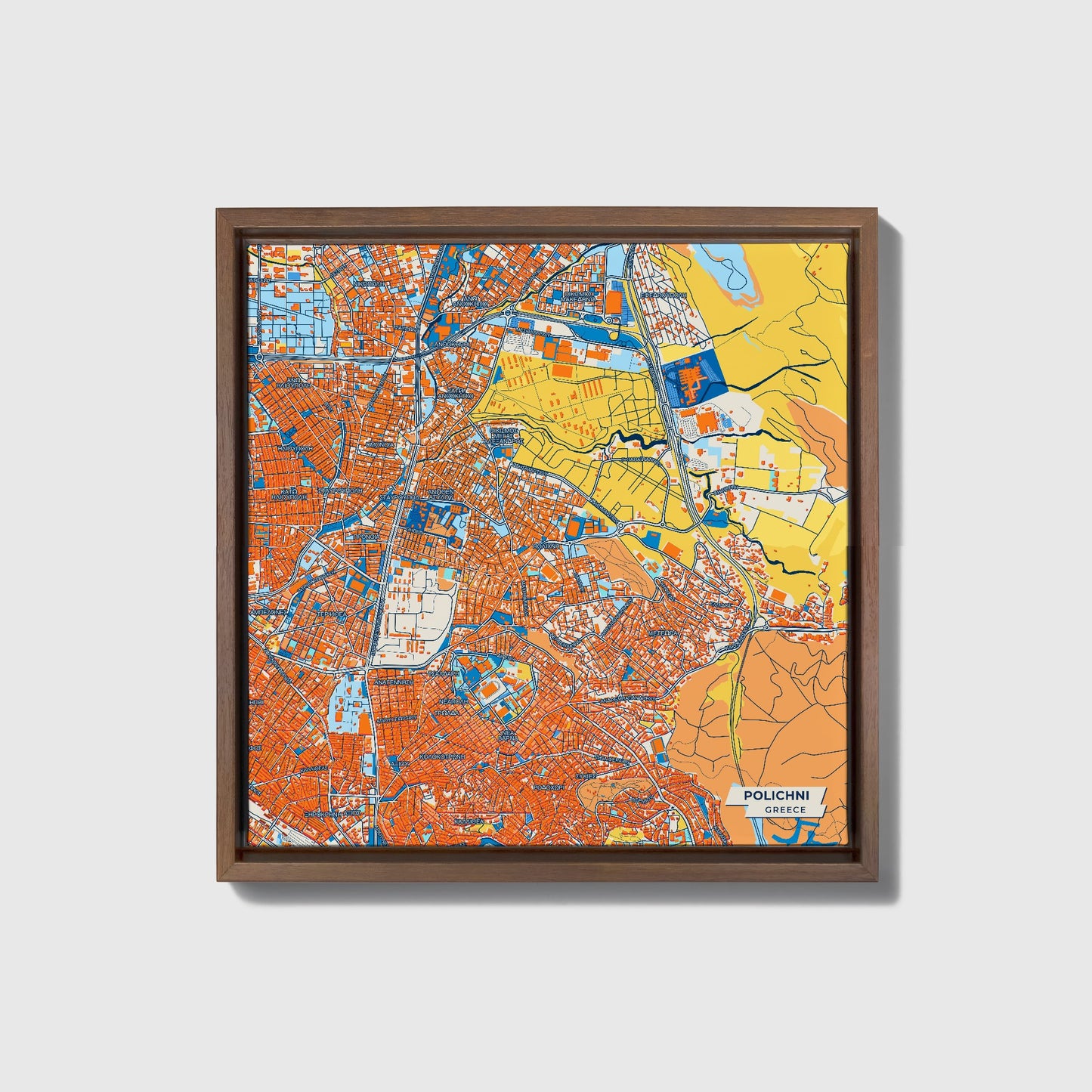 Polichni Greece Colorful City Map Canvas Print • Dark Wooden Framed