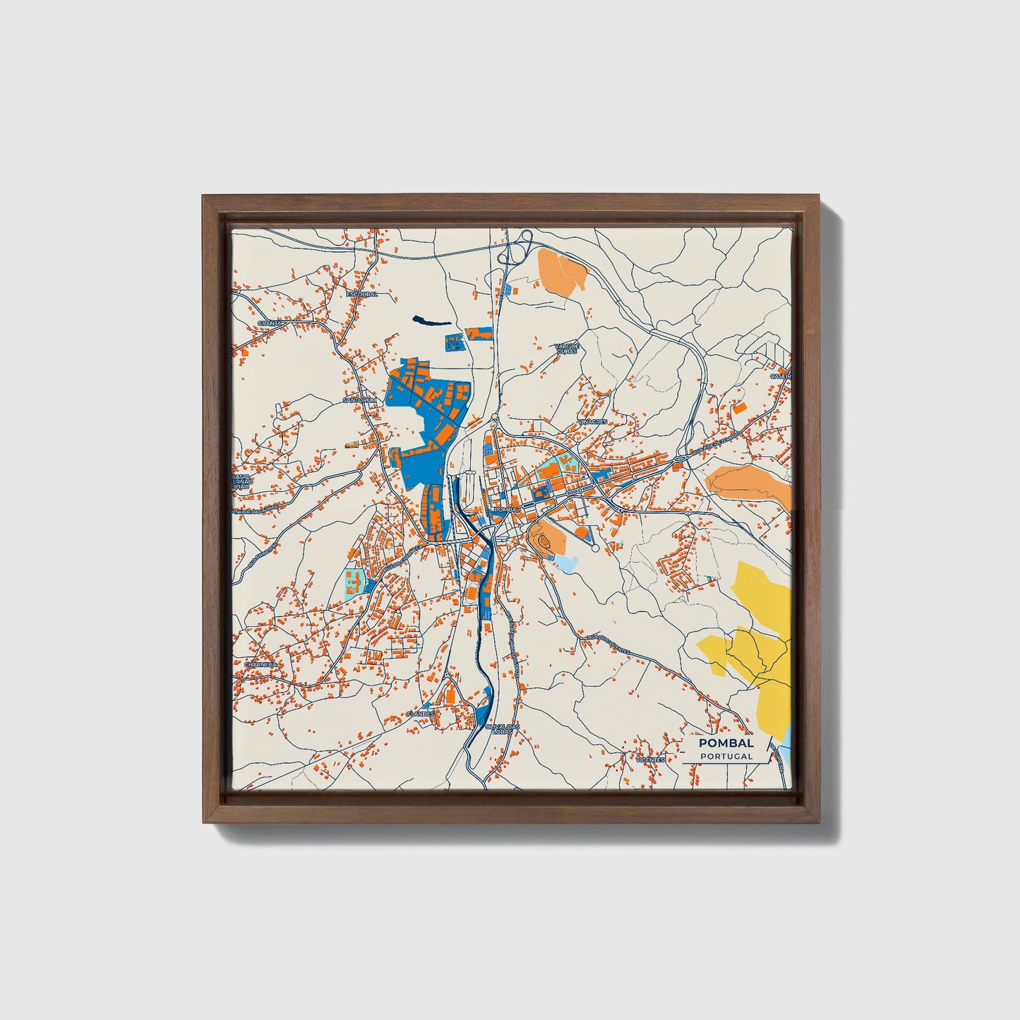 Pombal Portugal Colorful City Map Canvas Print • Dark Wooden Framed