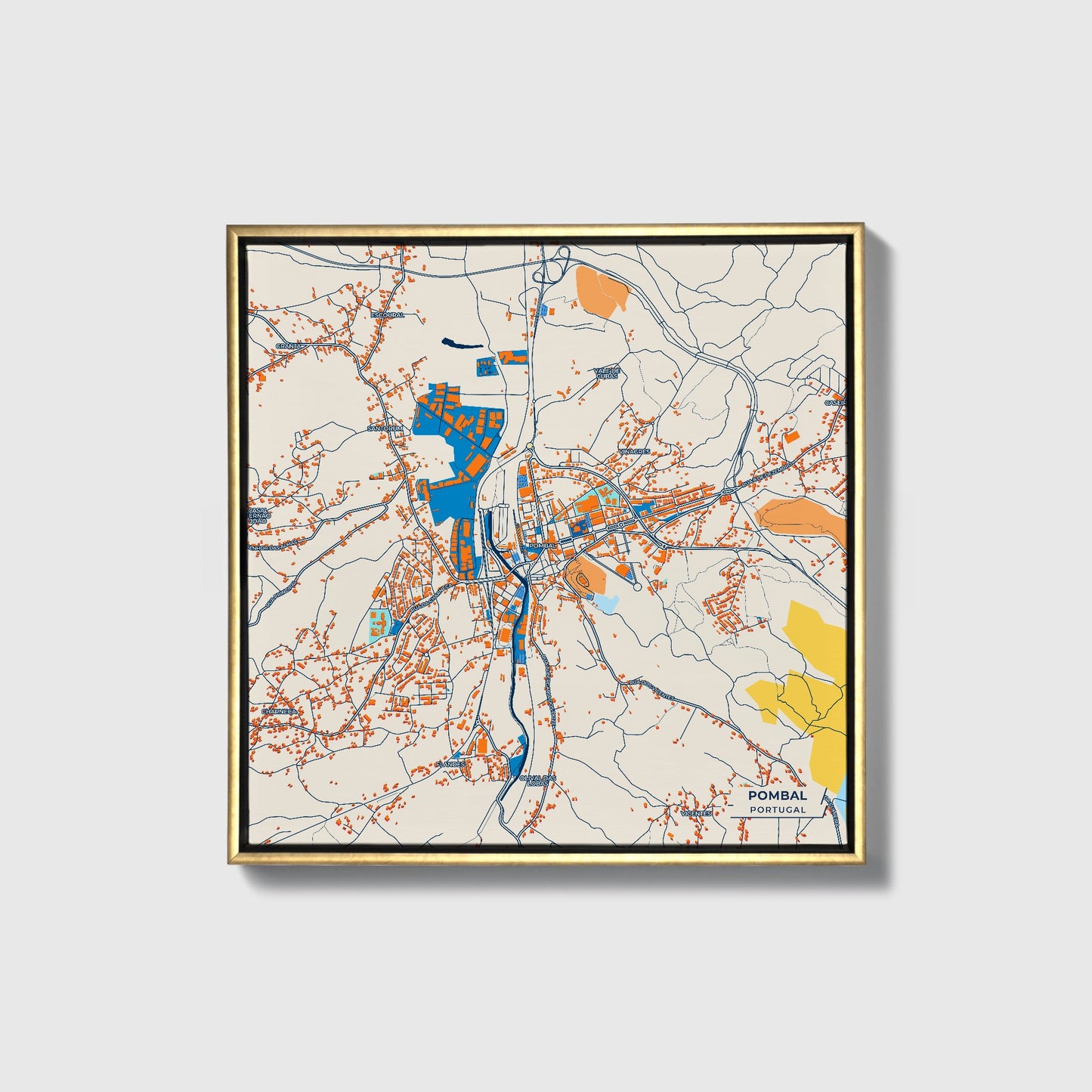 Pombal Portugal Colorful City Map Canvas Print • Gold Framed