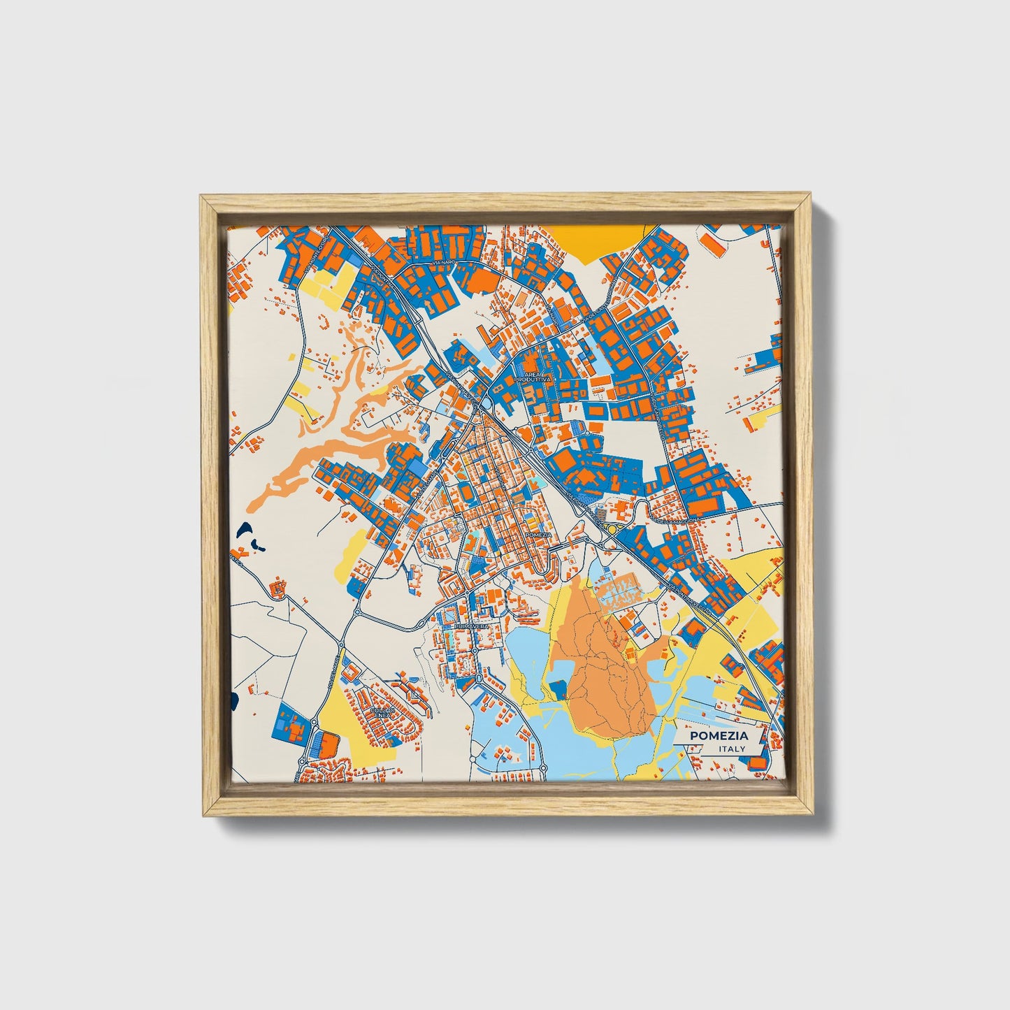 Pomezia Italy Colorful City Map Canvas Print • Natural Wooden Framed