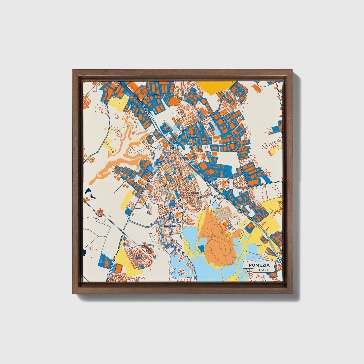 Pomezia Italy Colorful City Map Canvas Print • Dark Wooden Framed