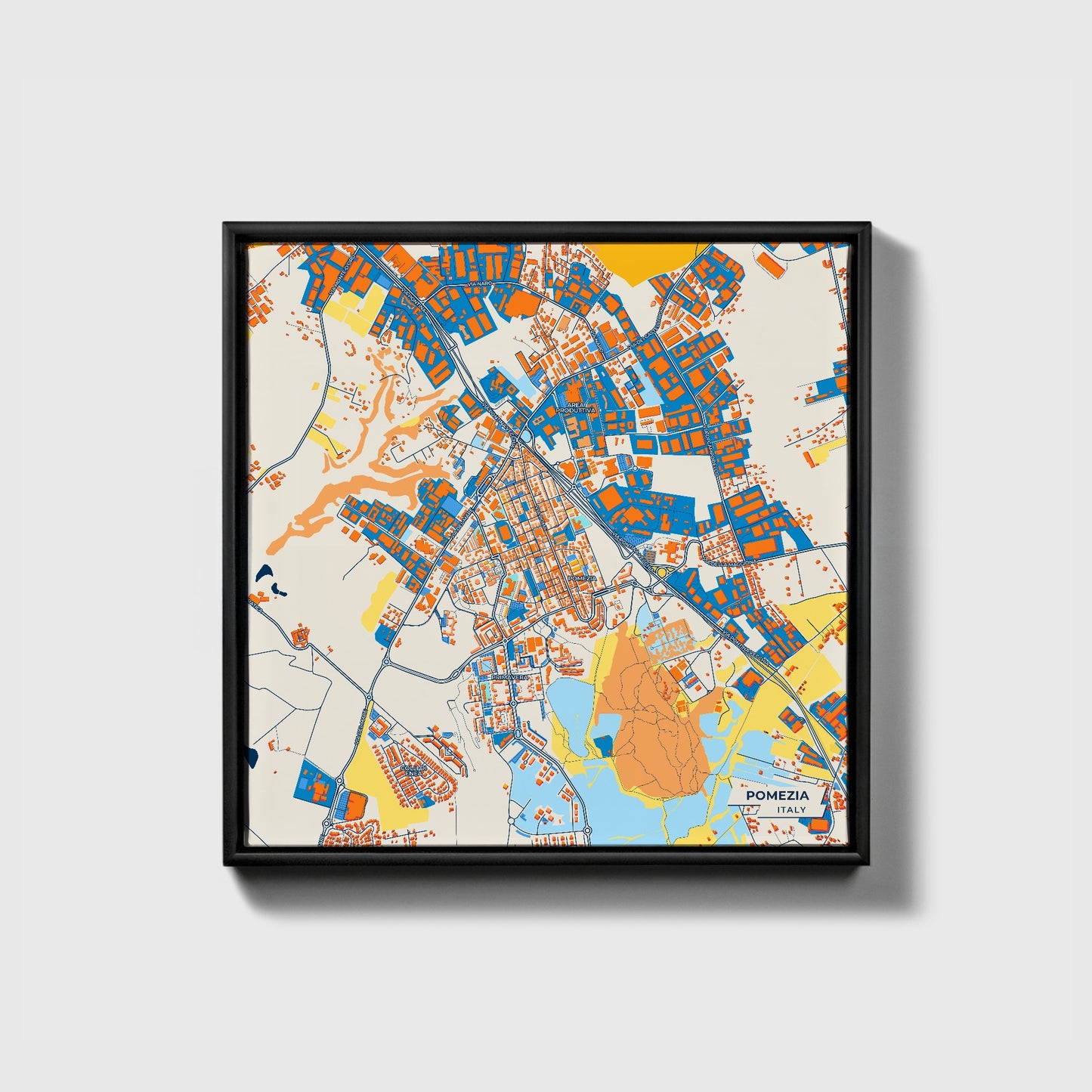 Pomezia Italy Colorful City Map Canvas Print • Black Framed