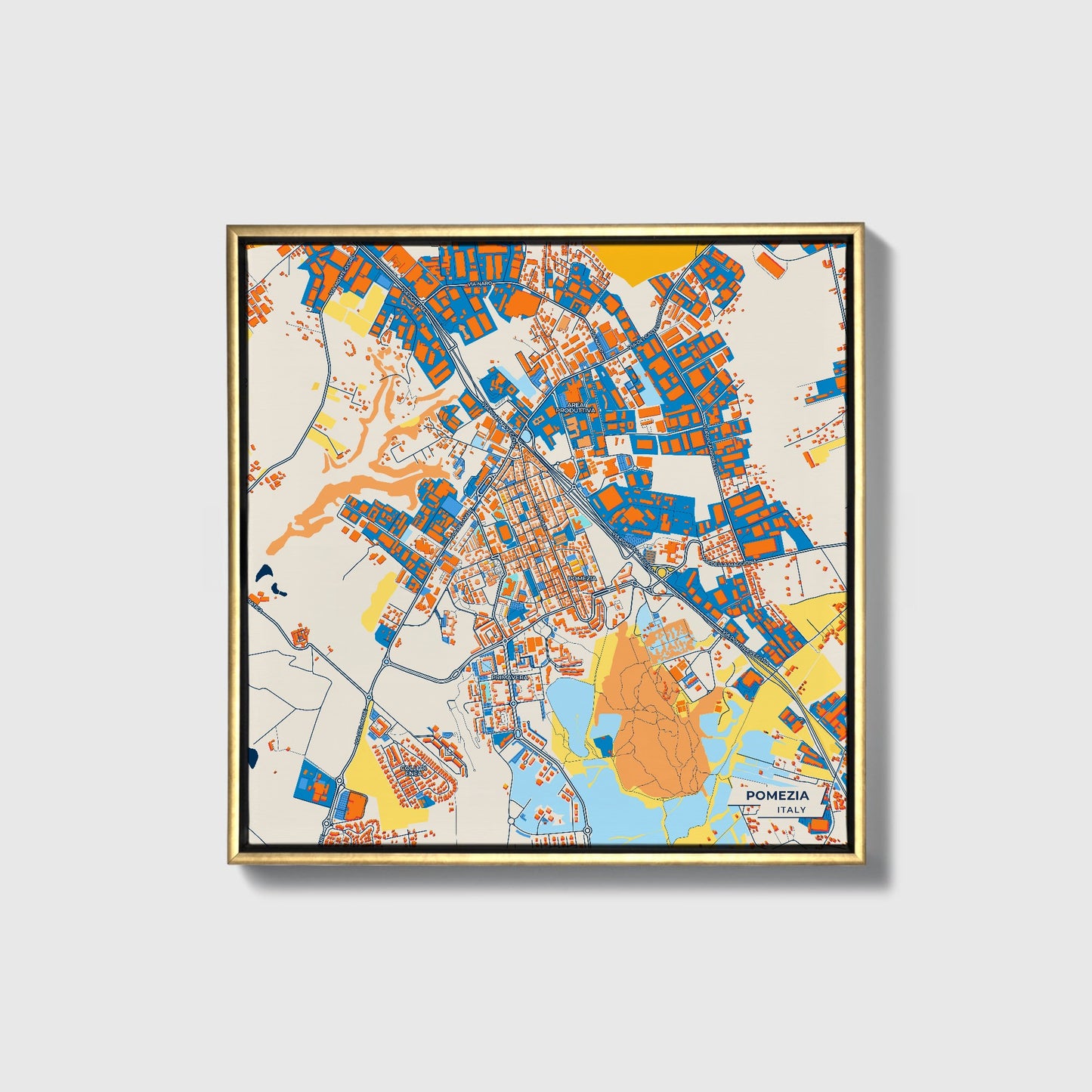 Pomezia Italy Colorful City Map Canvas Print • Gold Framed