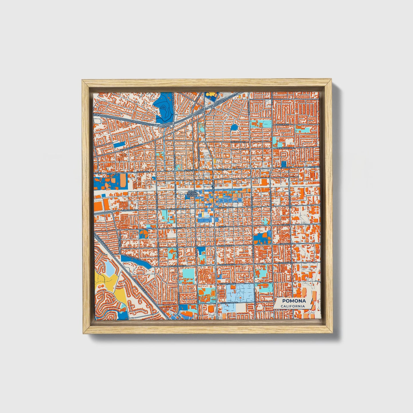 Pomona California Colorful City Map Canvas Print • Natural Wooden Framed
