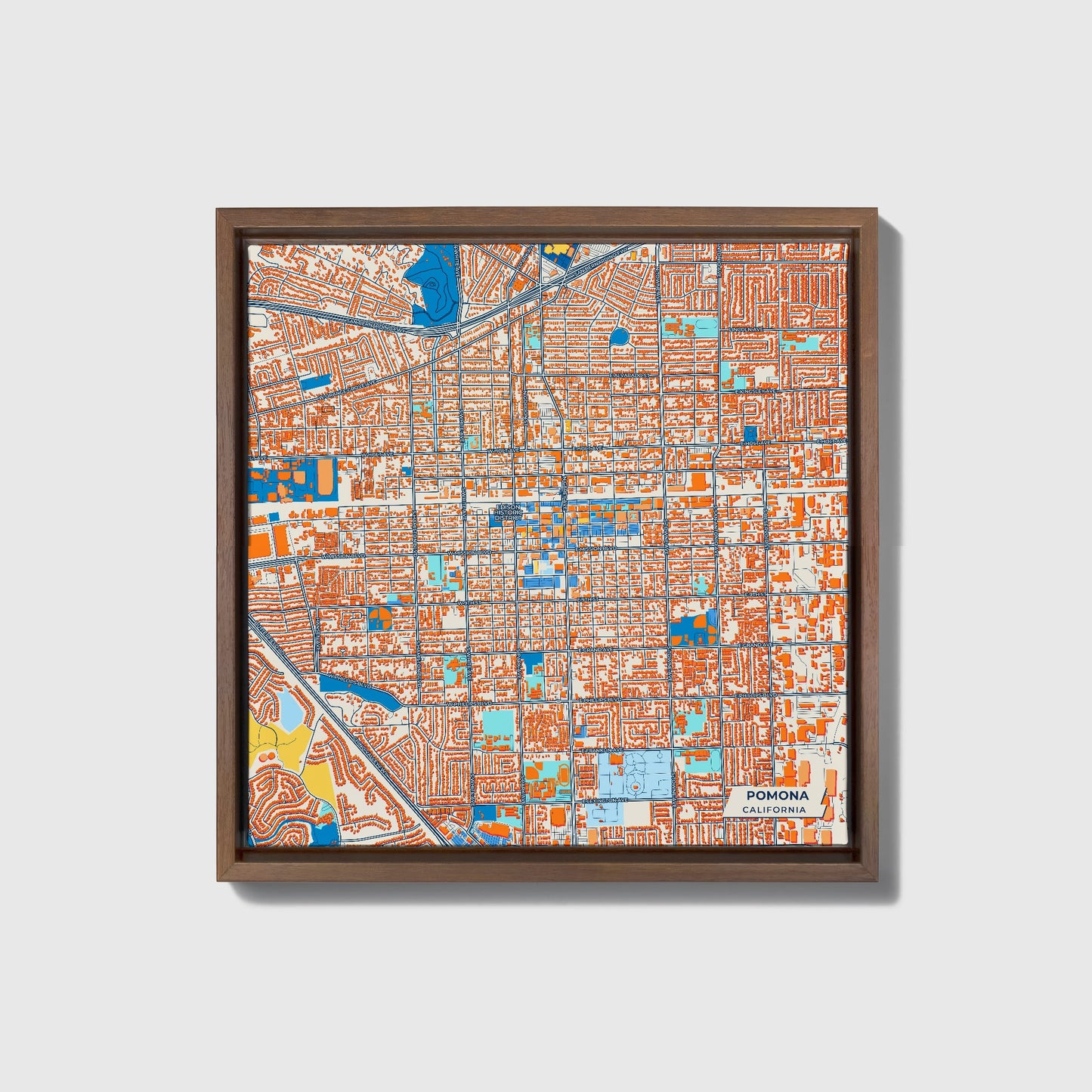 Pomona California Colorful City Map Canvas Print • Dark Wooden Framed