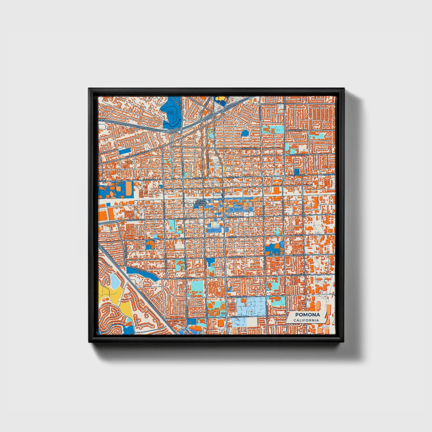 Pomona California Colorful City Map Canvas Print • Black Framed